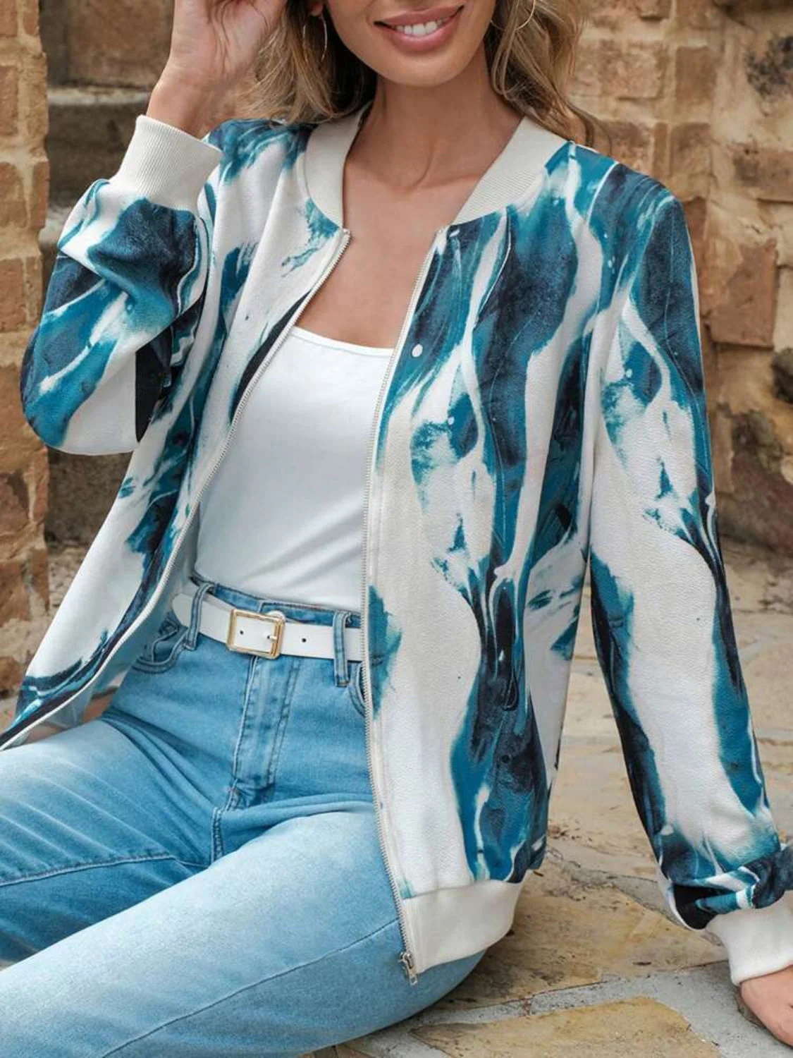 Printed Baseball Collar Zip Up Jacket - Image 2