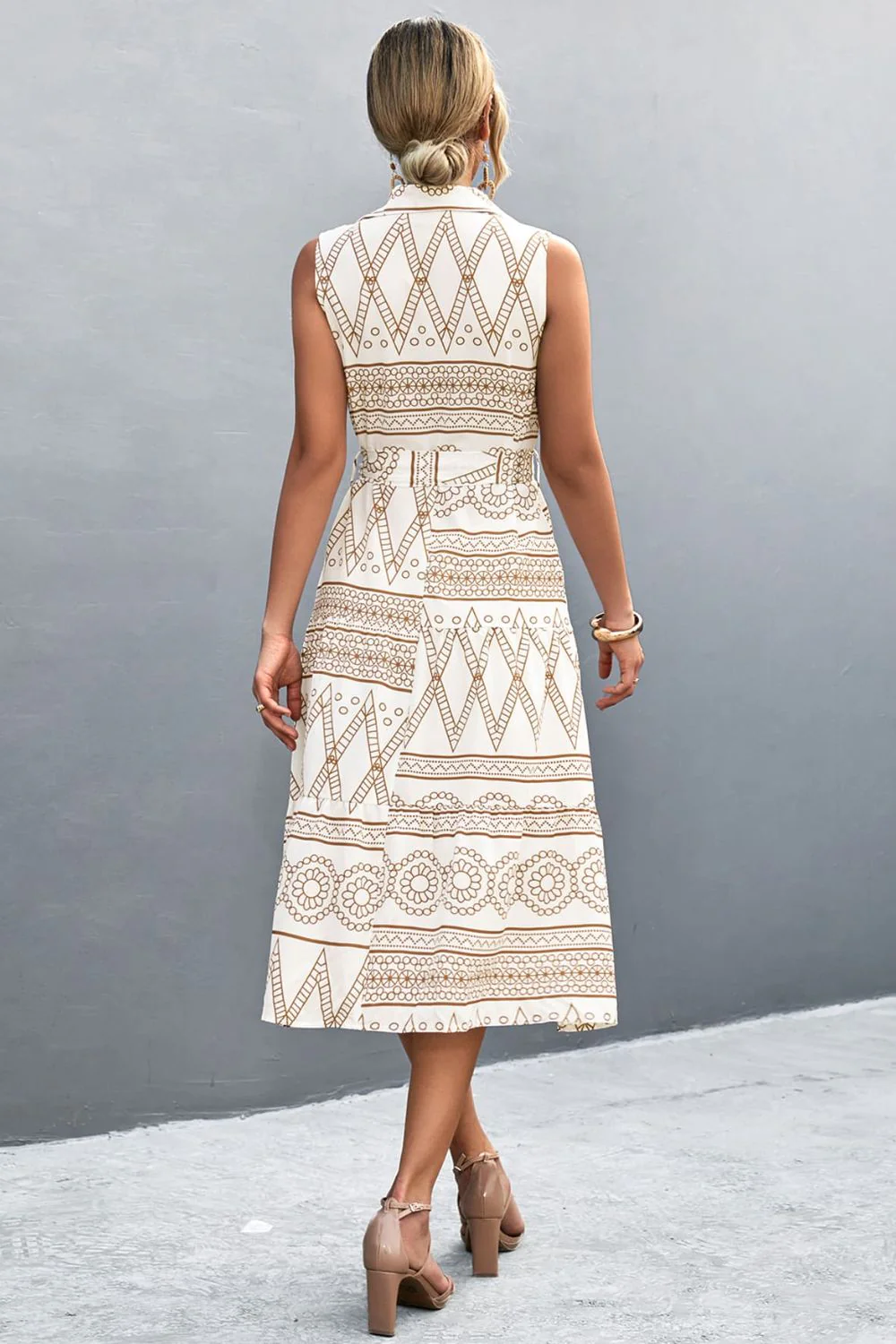 Printed Button Front Tie-Waist Sleeveless Collared Dress - Image 2