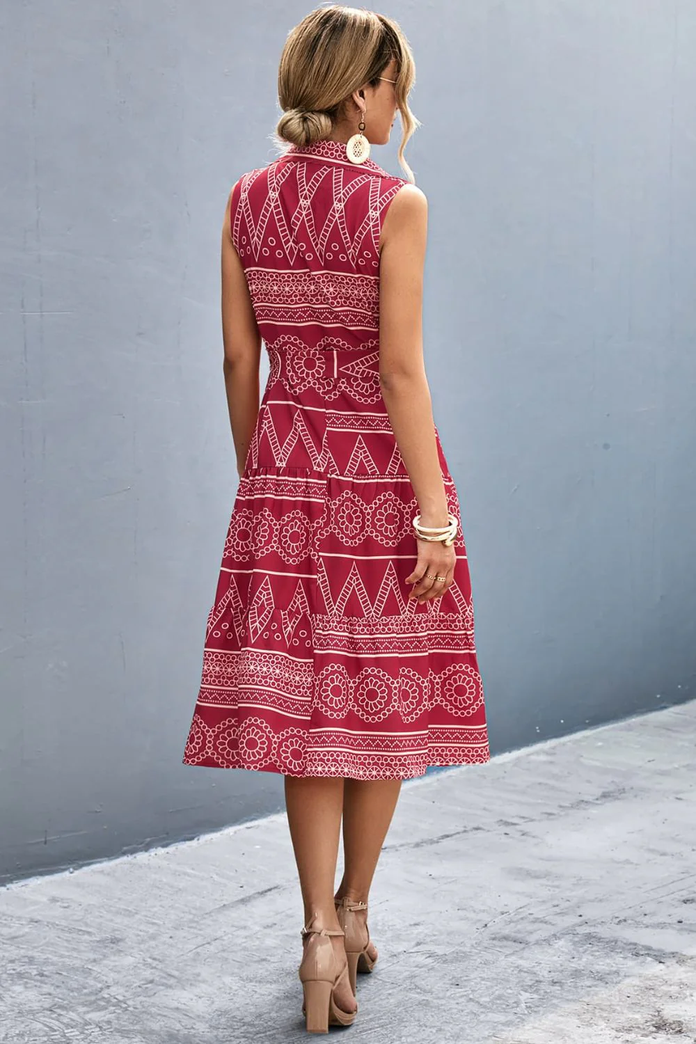 Printed Button Front Tie-Waist Sleeveless Collared Dress - Image 6
