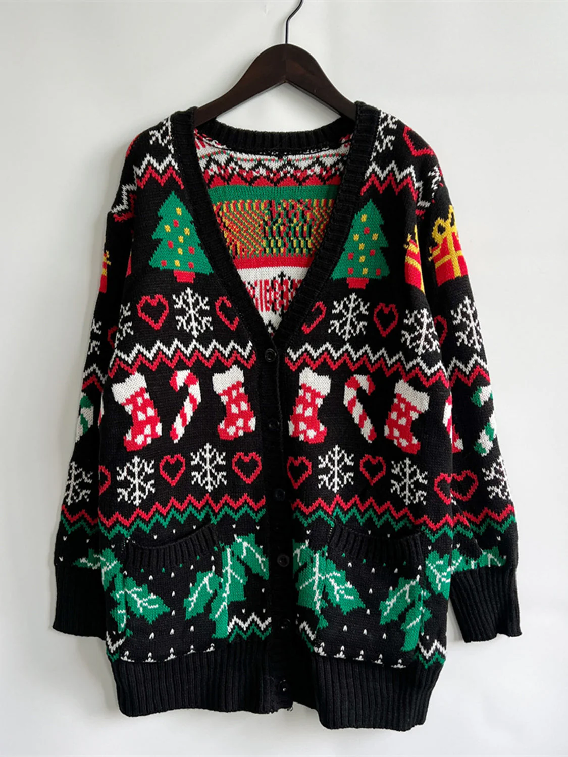 Printed Button Up V-Neck Long Sleeve Cardigan with Pockets - Image 3