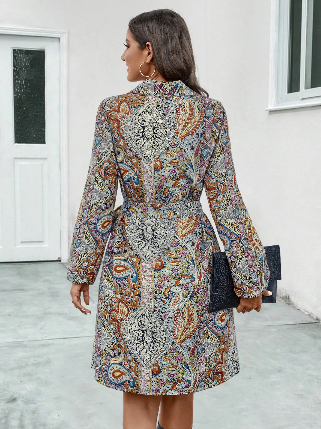 Printed Collared Neck Long Sleeve Dress - Image 2