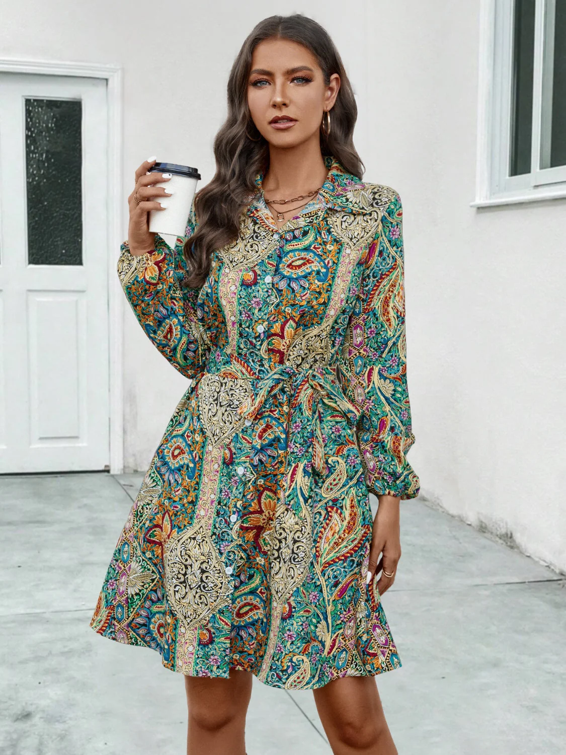 Printed Collared Neck Long Sleeve Dress - Image 4