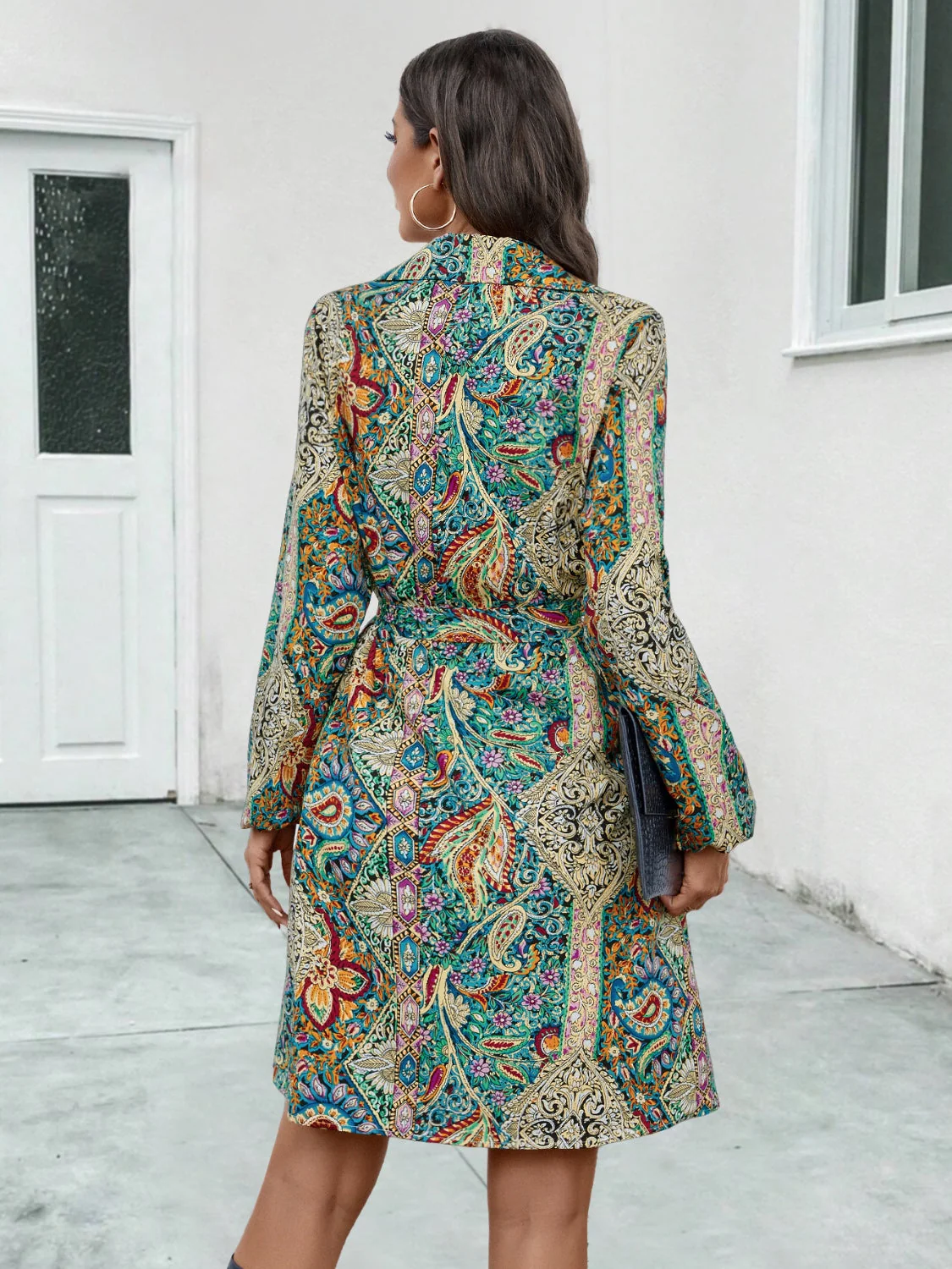 Printed Collared Neck Long Sleeve Dress - Image 5