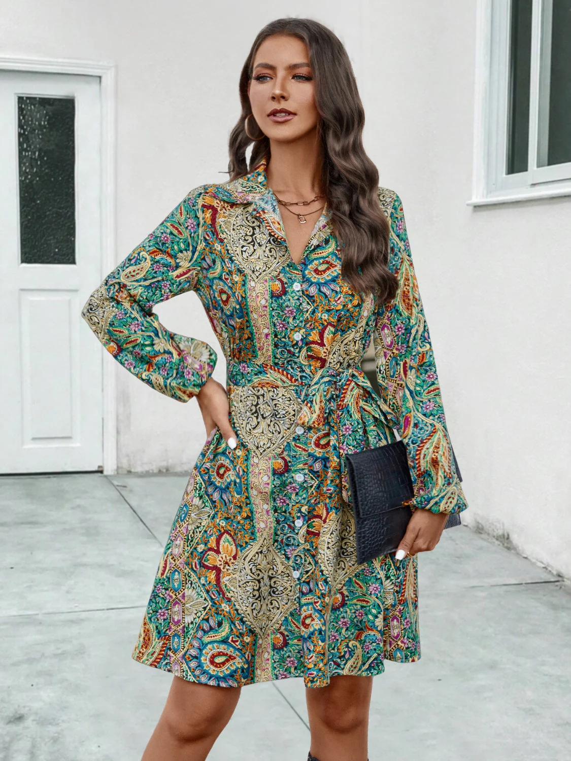 Printed Collared Neck Long Sleeve Dress - Image 6