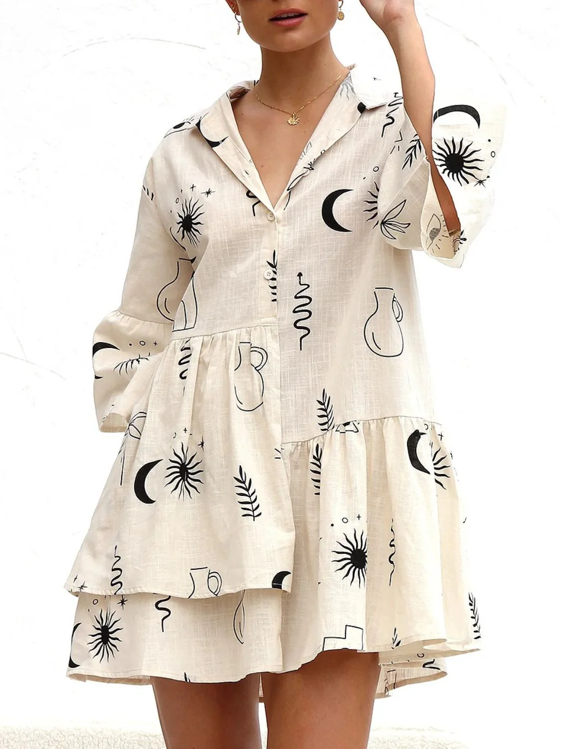 Printed Collared Neck Three-Quarter Sleeve Mini Dress - Image 2