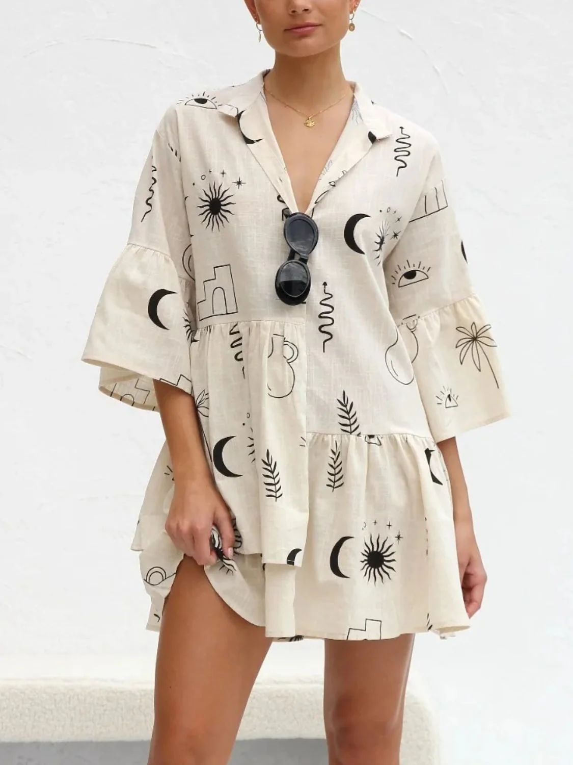 Printed Collared Neck Three-Quarter Sleeve Mini Dress - Image 3