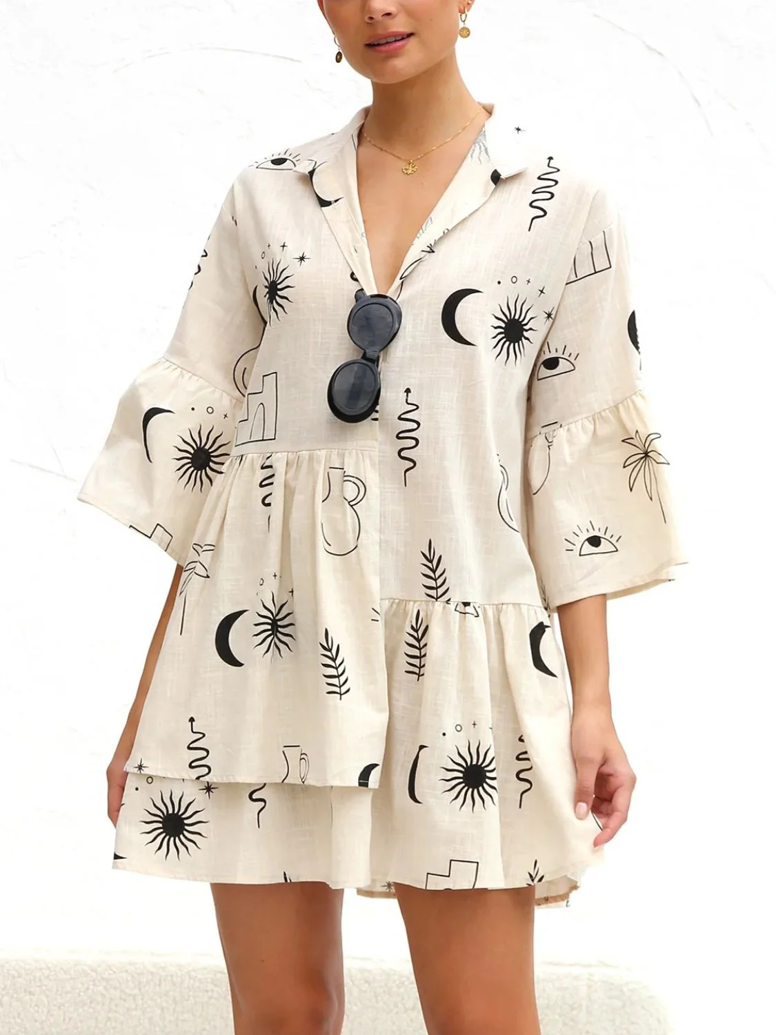 Printed Collared Neck Three-Quarter Sleeve Mini Dress - Image 4