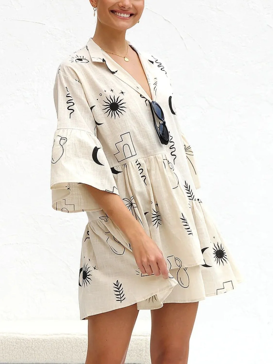 Printed Collared Neck Three-Quarter Sleeve Mini Dress - Image 5