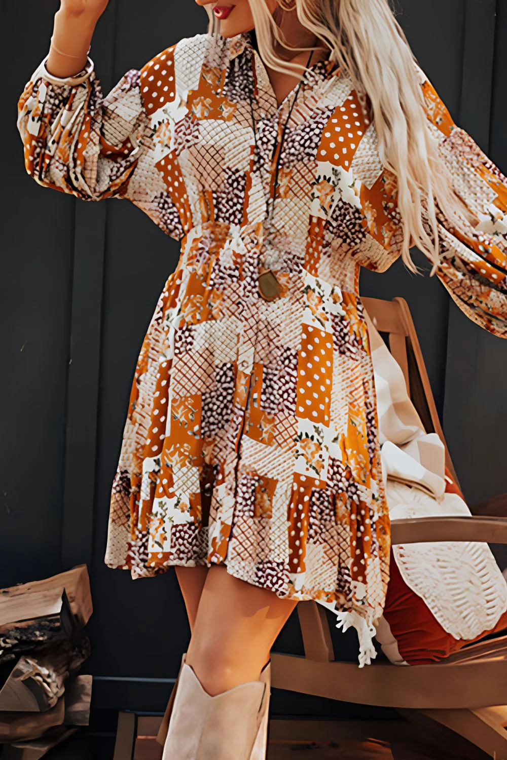 Printed Collared Neck Three-Quarter Sleeve Mini Shirt Dress - Image 2