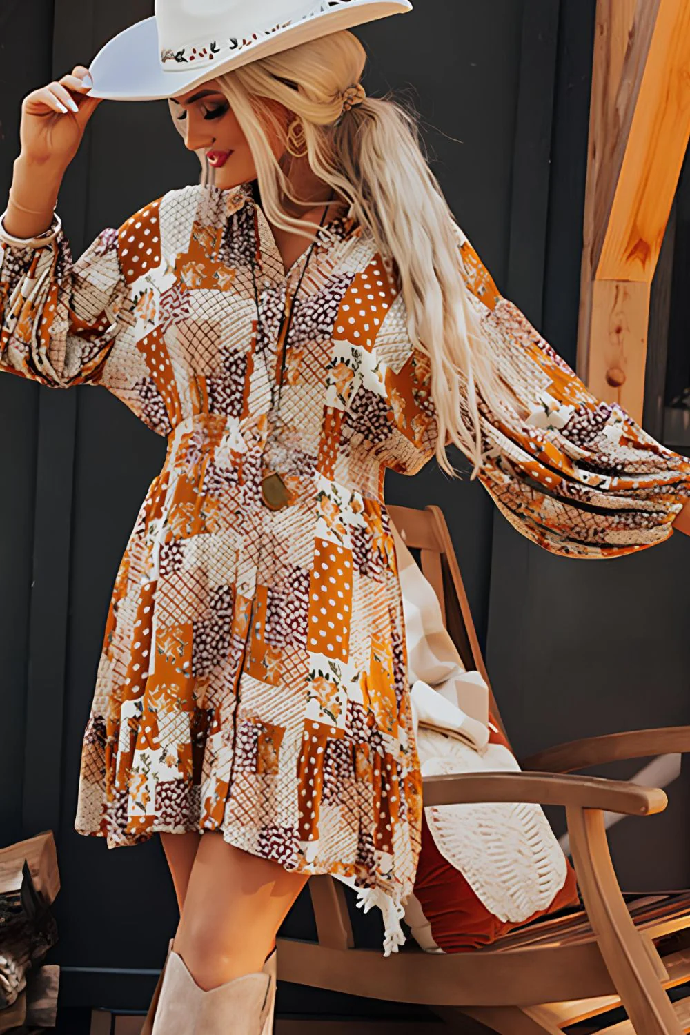 Printed Collared Neck Three-Quarter Sleeve Mini Shirt Dress - Image 3
