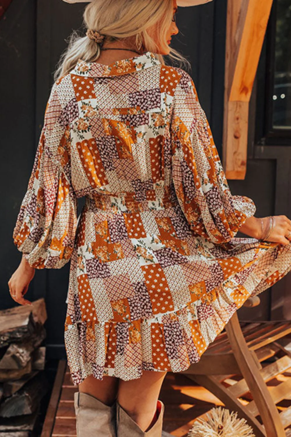 Printed Collared Neck Three-Quarter Sleeve Mini Shirt Dress - Image 4