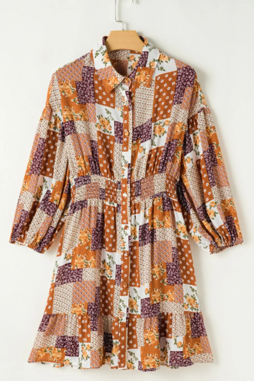 Printed Collared Neck Three-Quarter Sleeve Mini Shirt Dress - Image 5