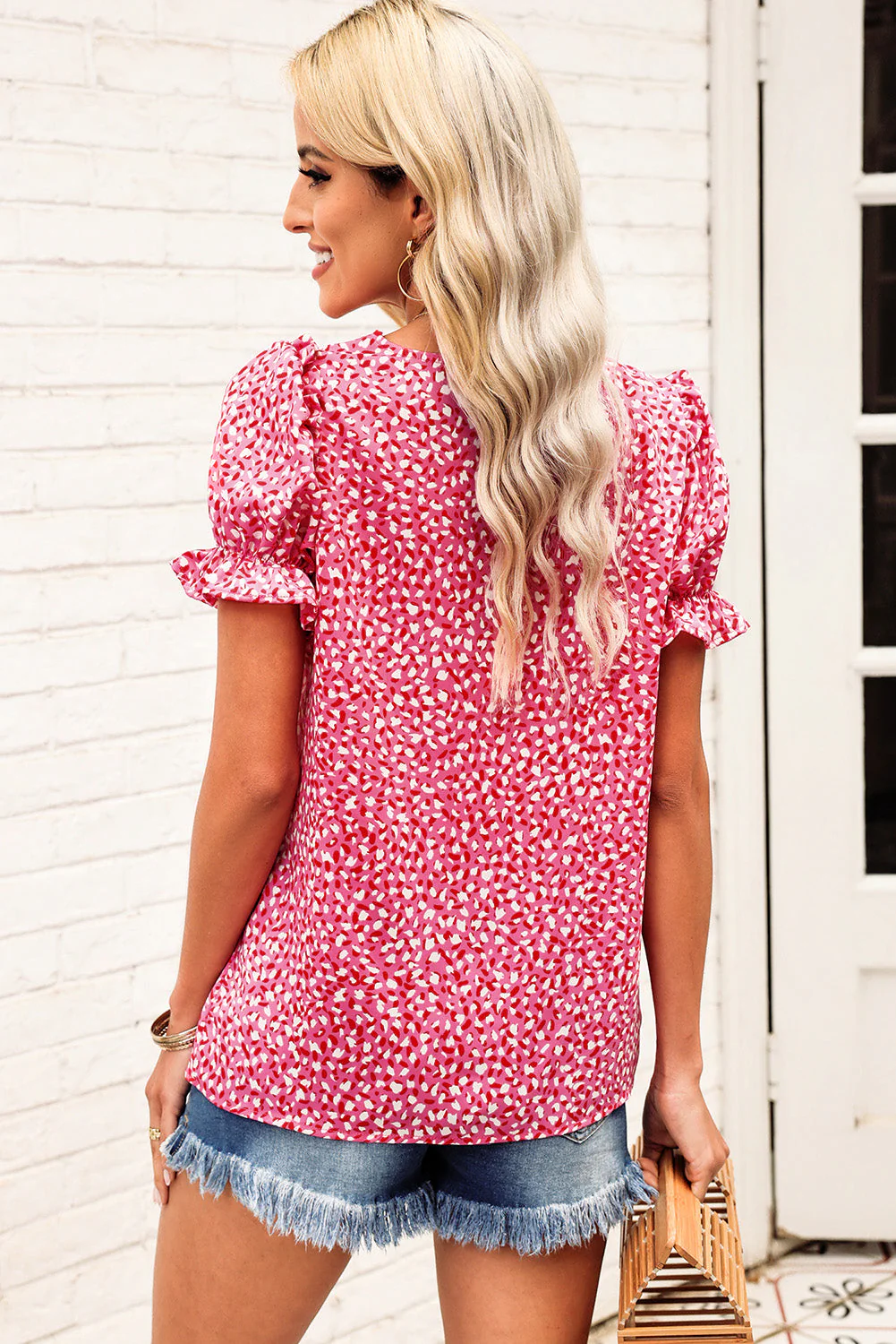 Printed Flounce Sleeve Plunge Blouse - Image 2