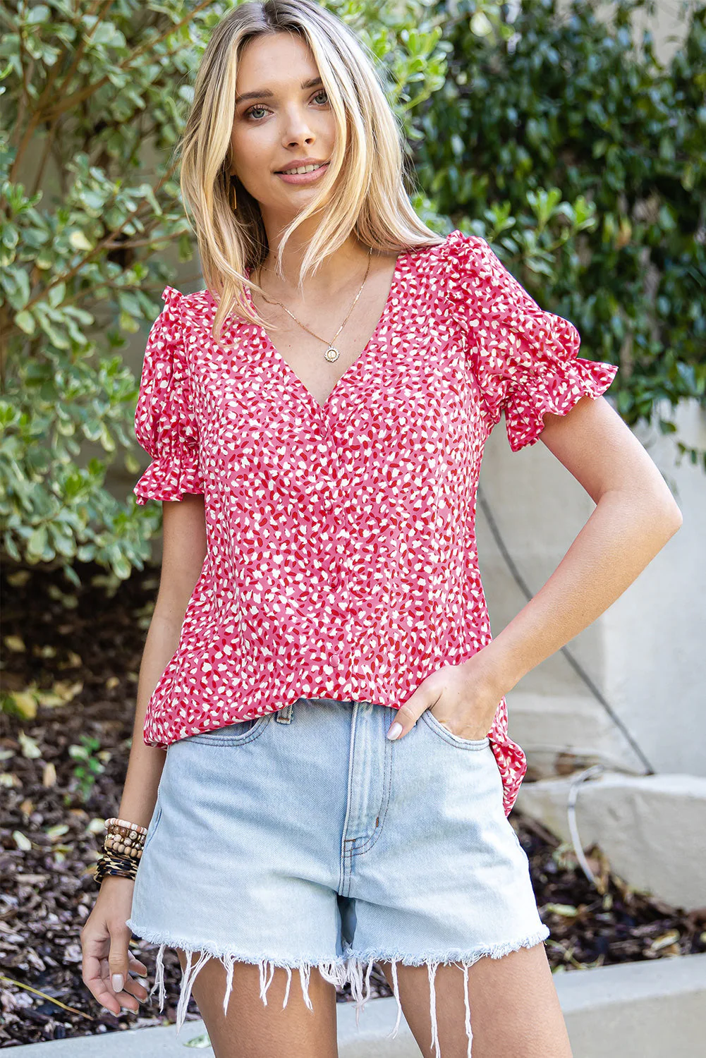 Printed Flounce Sleeve Plunge Blouse - Image 3