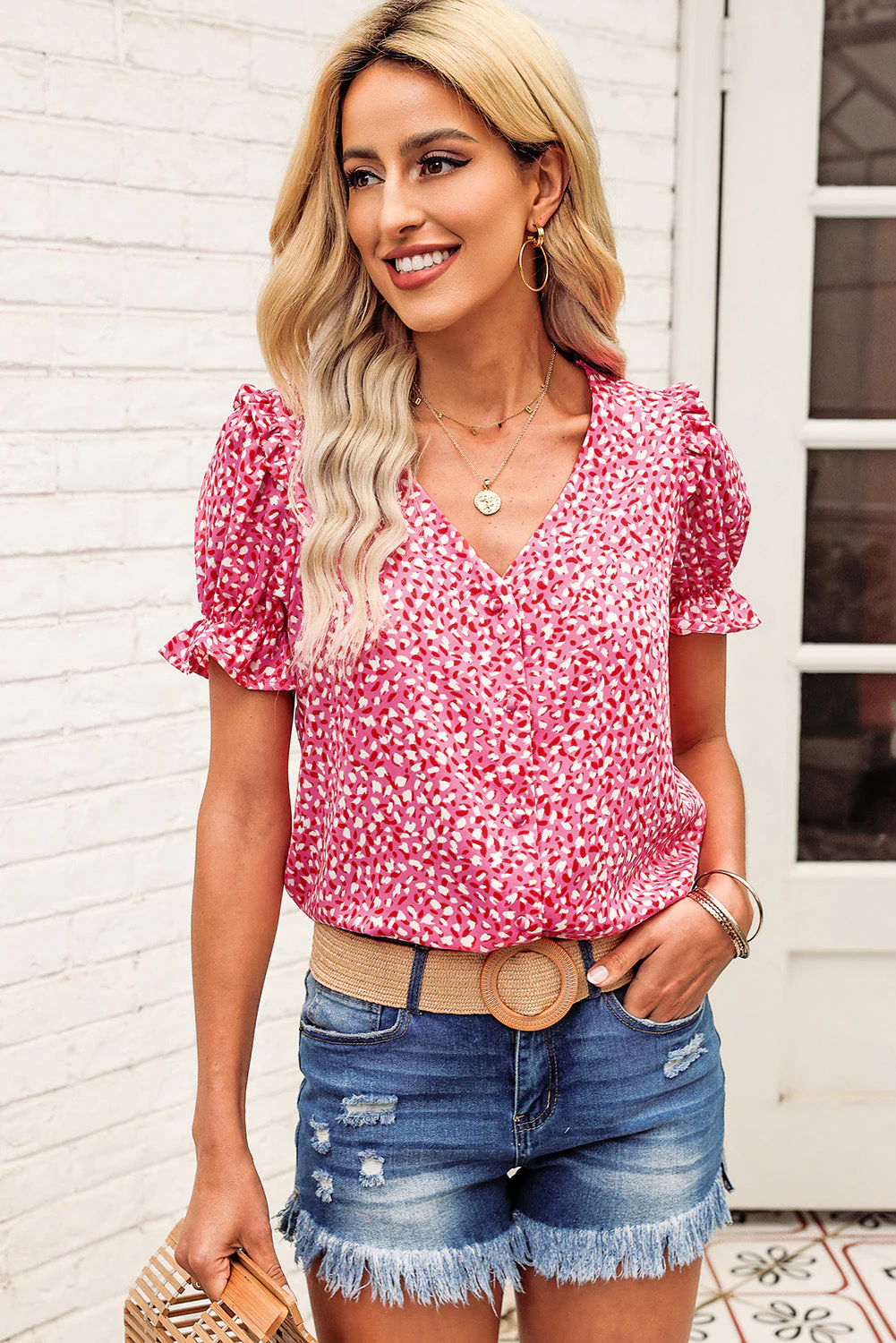 Printed Flounce Sleeve Plunge Blouse - Image 5