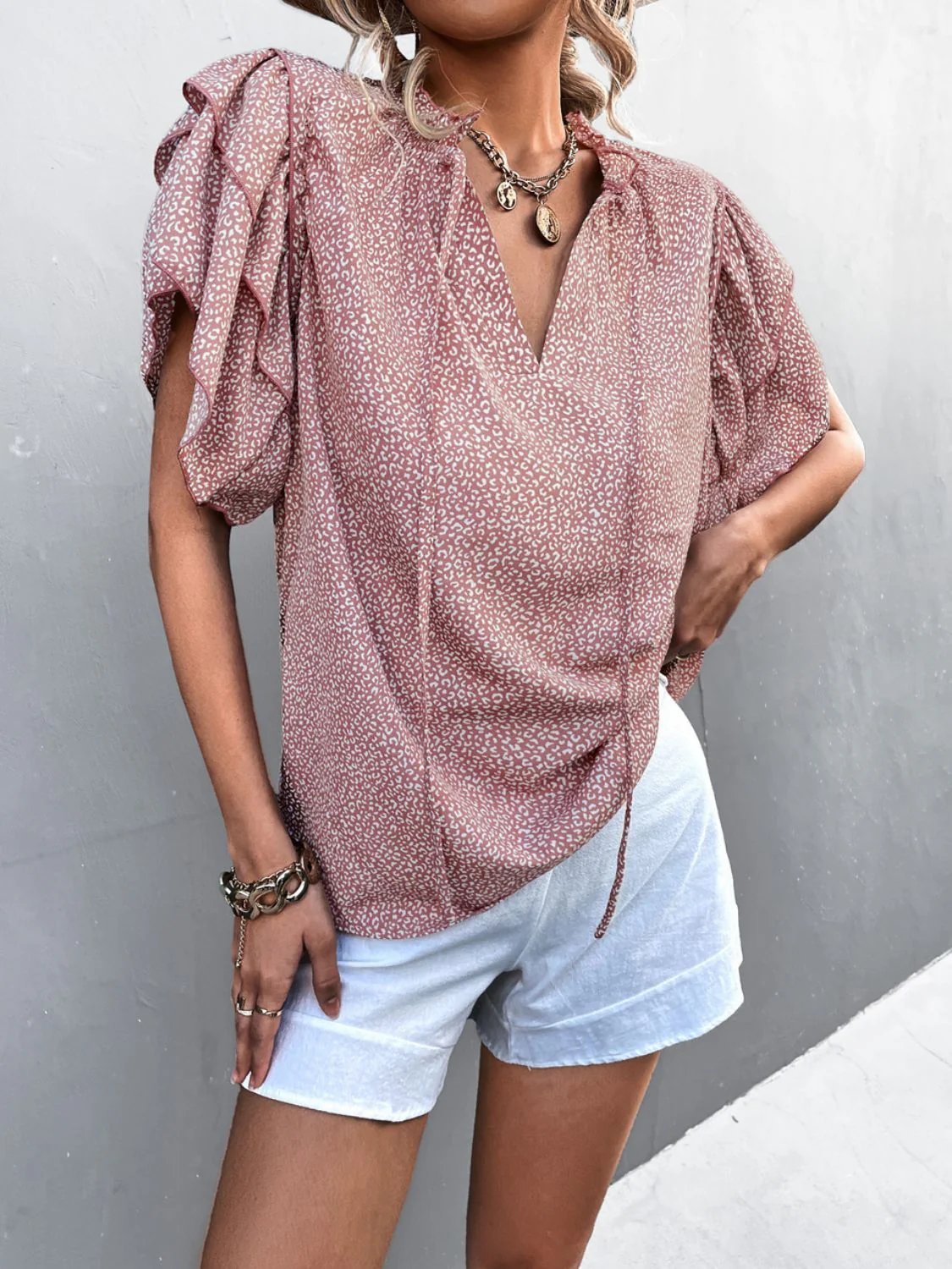 Printed Flutter Sleeve V-Neck Top - Image 2