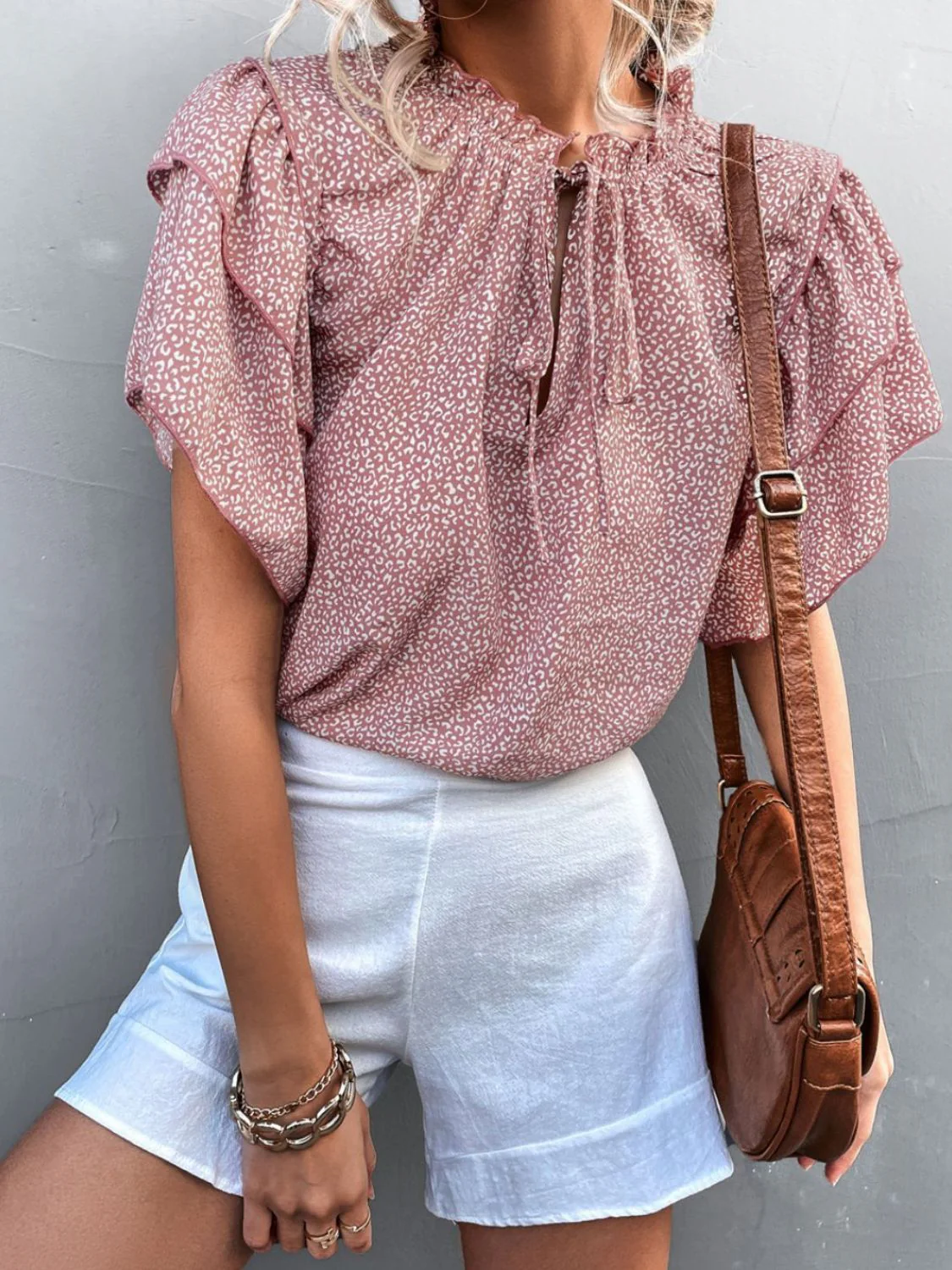 Printed Flutter Sleeve V-Neck Top - Image 3