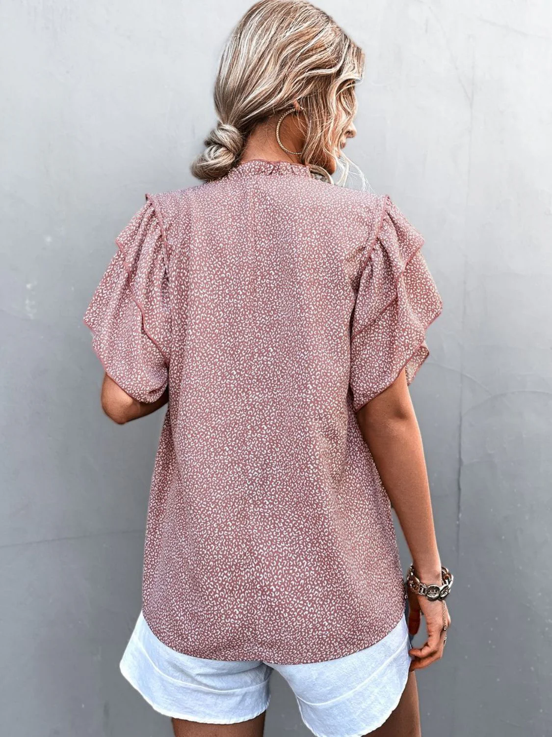 Printed Flutter Sleeve V-Neck Top - Image 4