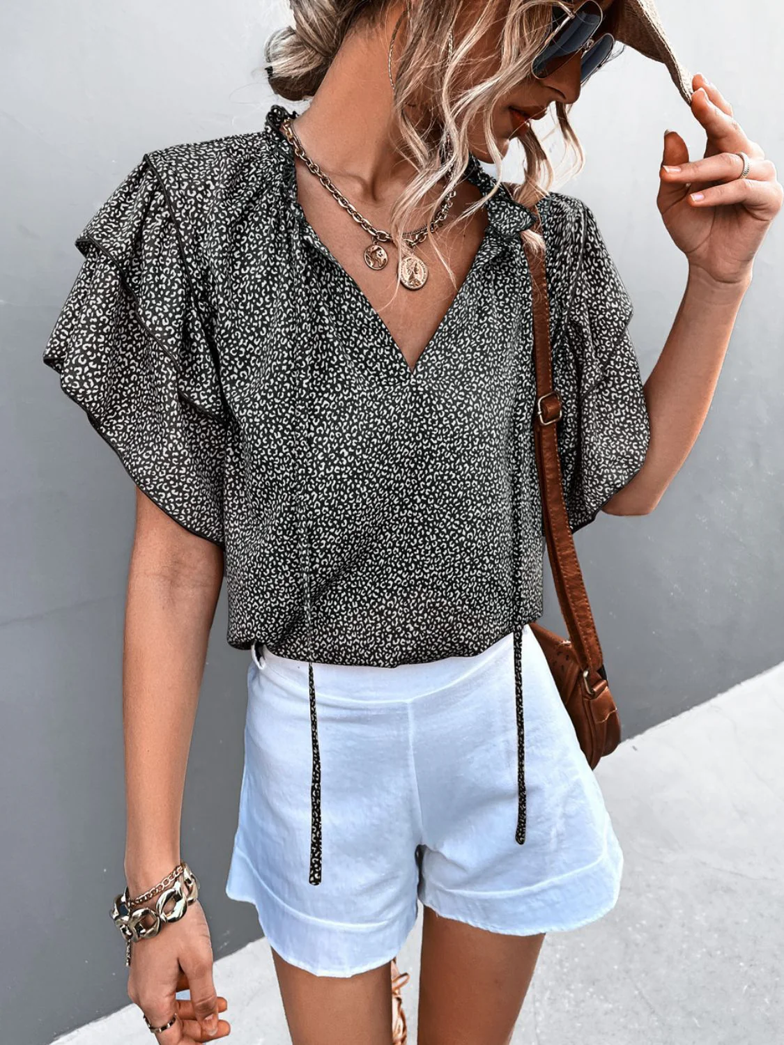 Printed Flutter Sleeve V-Neck Top - Image 5