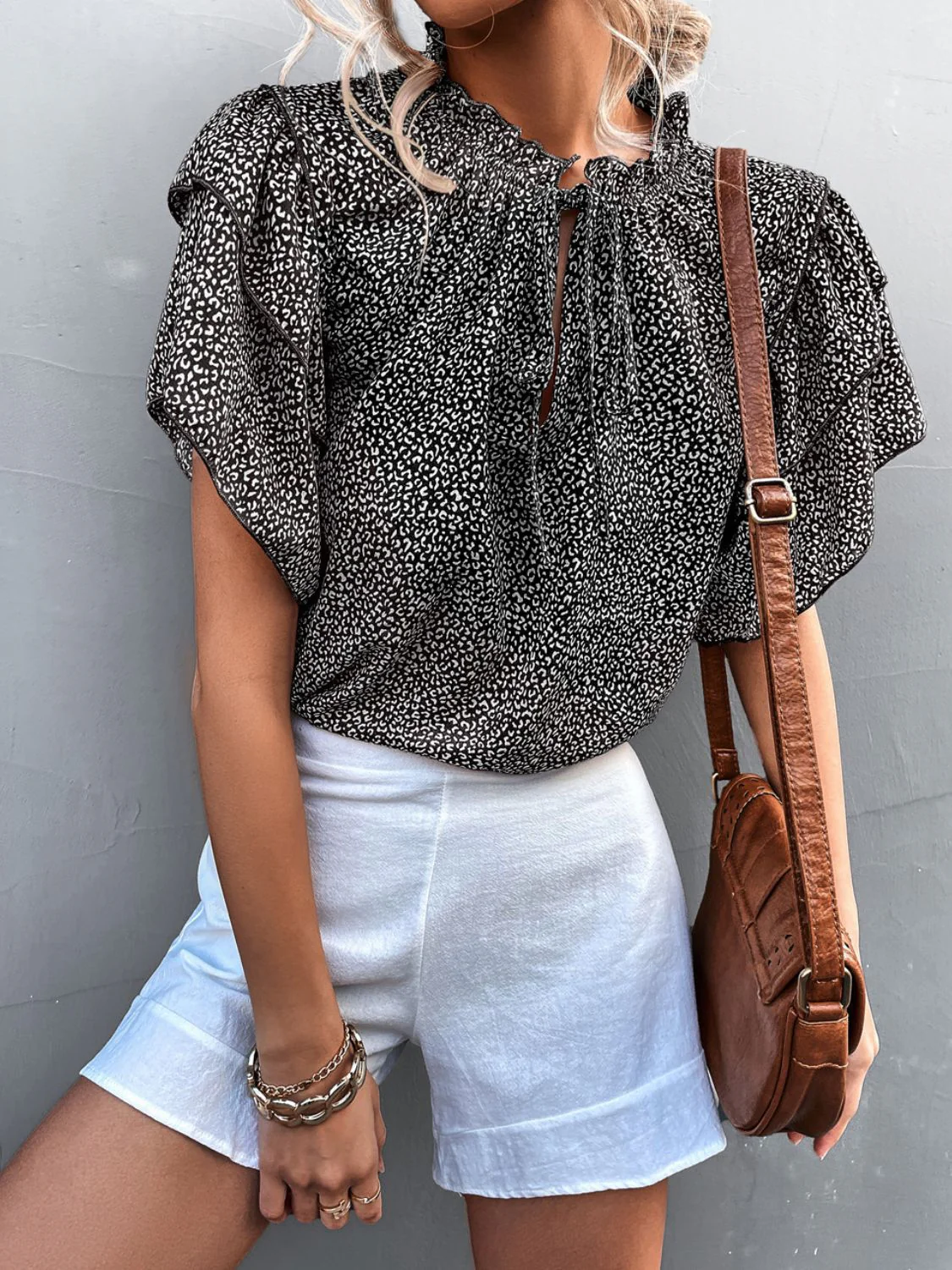 Printed Flutter Sleeve V-Neck Top - Image 6