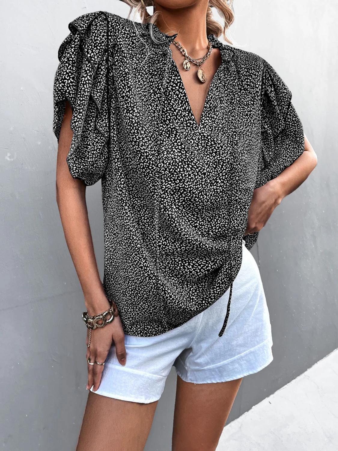 Printed Flutter Sleeve V-Neck Top - Image 7