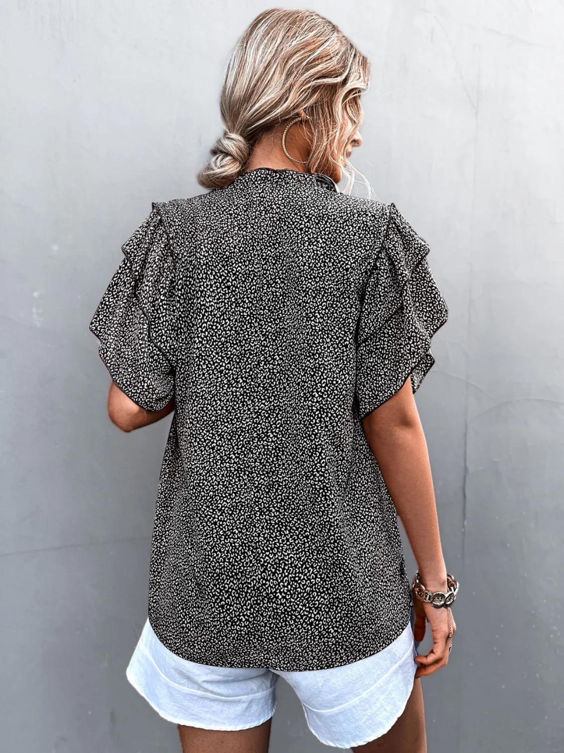 Printed Flutter Sleeve V-Neck Top - Image 8