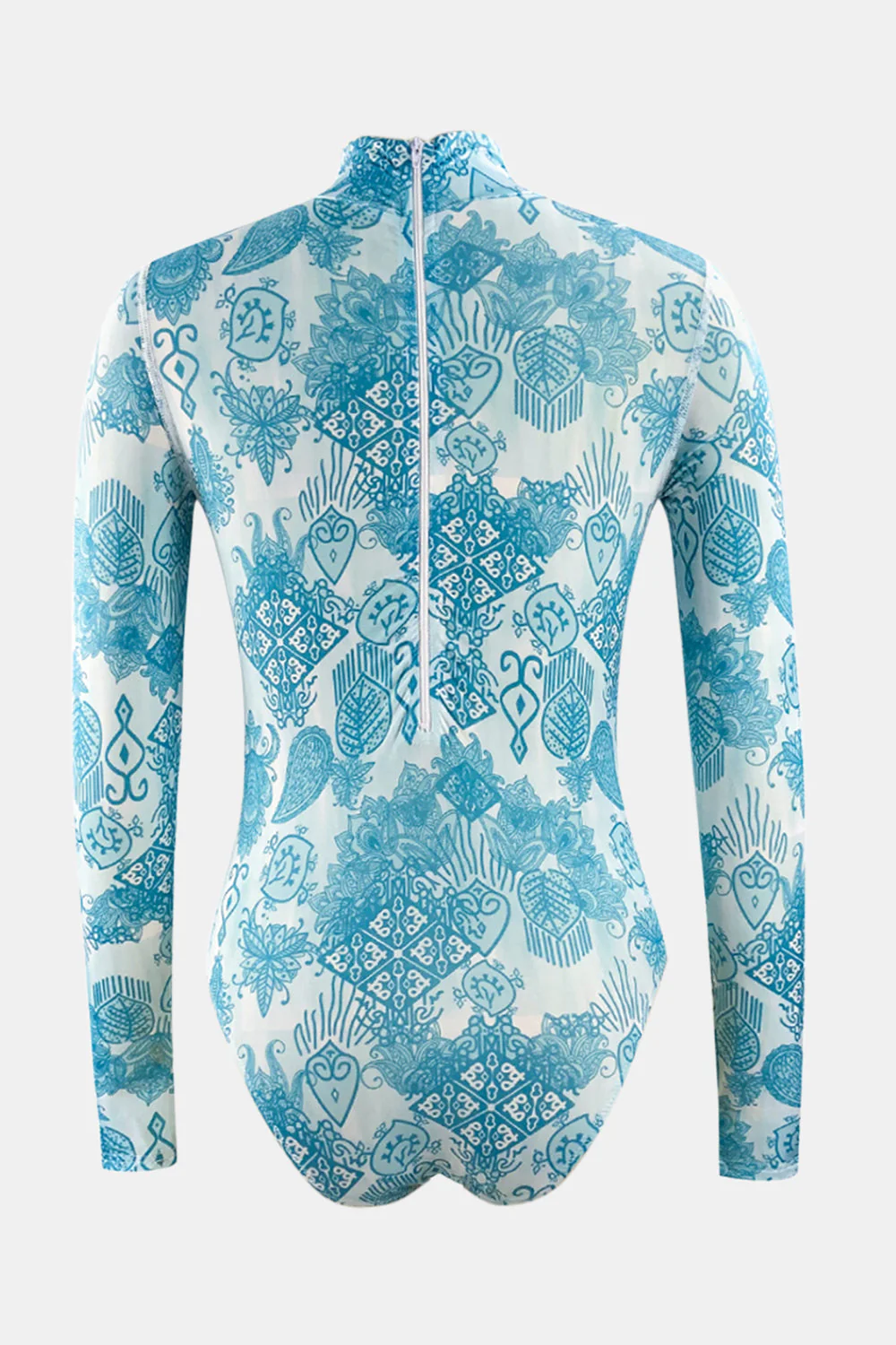Printed Mock Neck Long Sleeve One-Piece Swimwear - Image 7