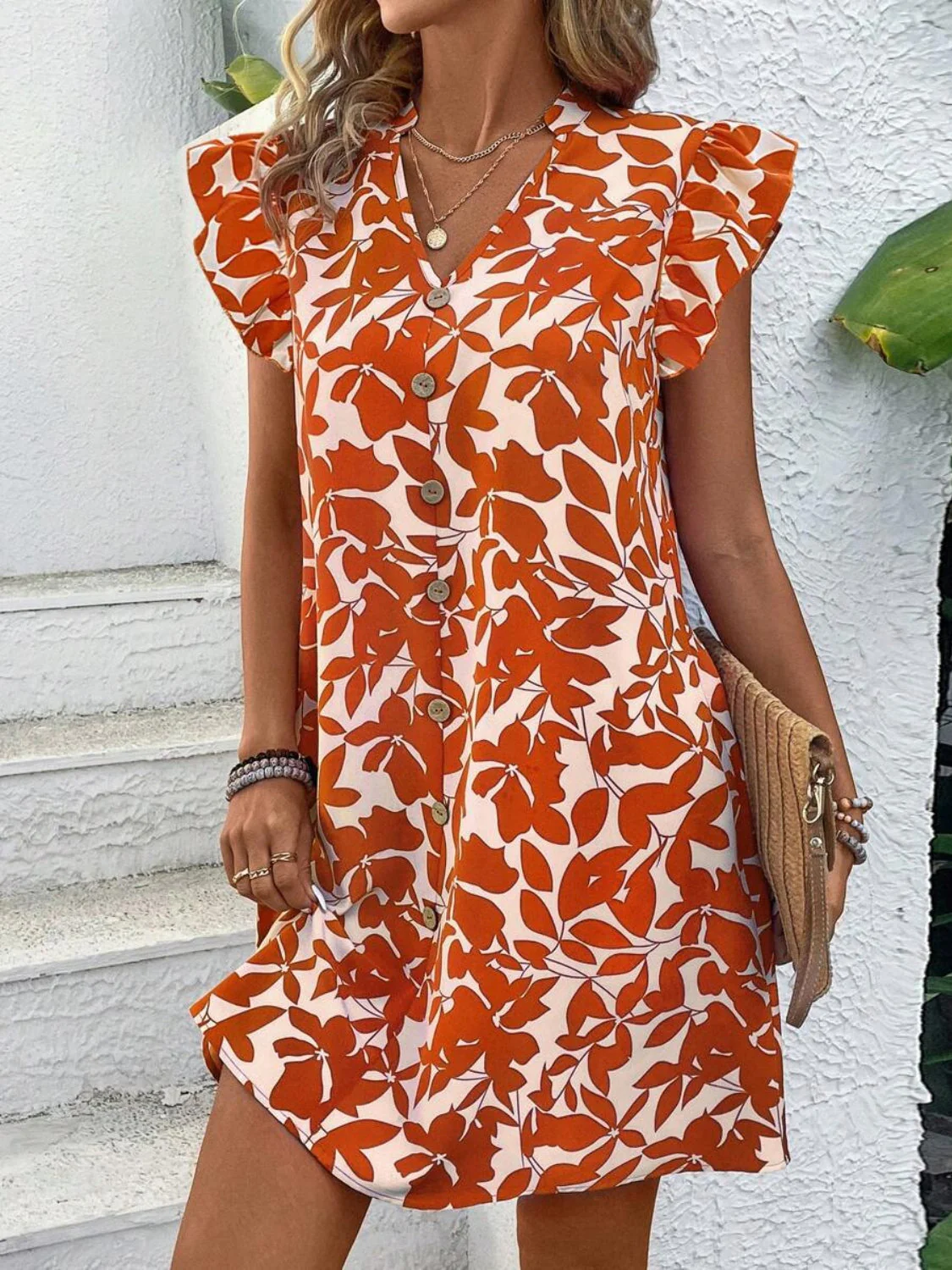 Printed Notched Cap Sleeve Mini Dress - Image 3