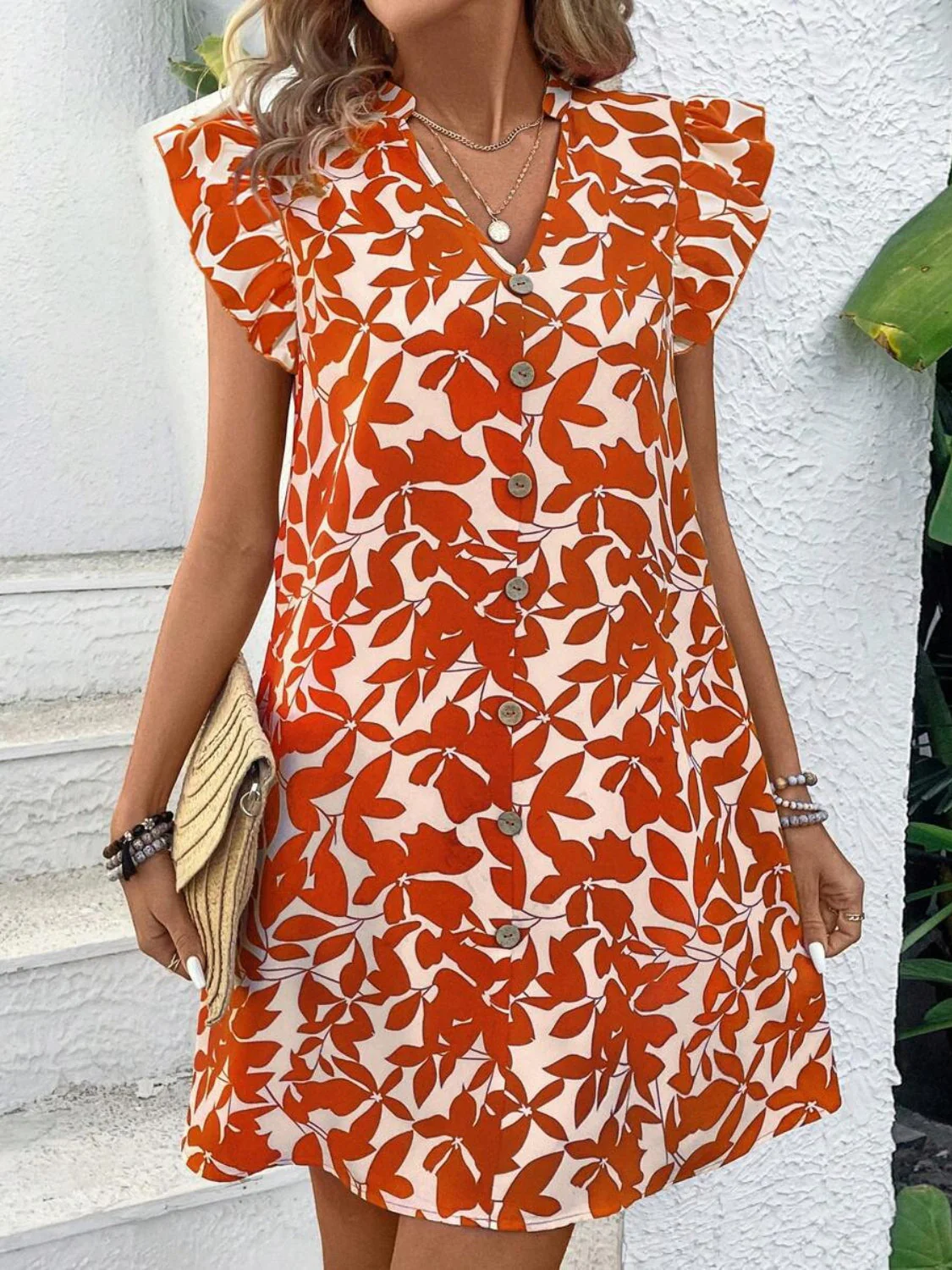 Printed Notched Cap Sleeve Mini Dress - Image 6