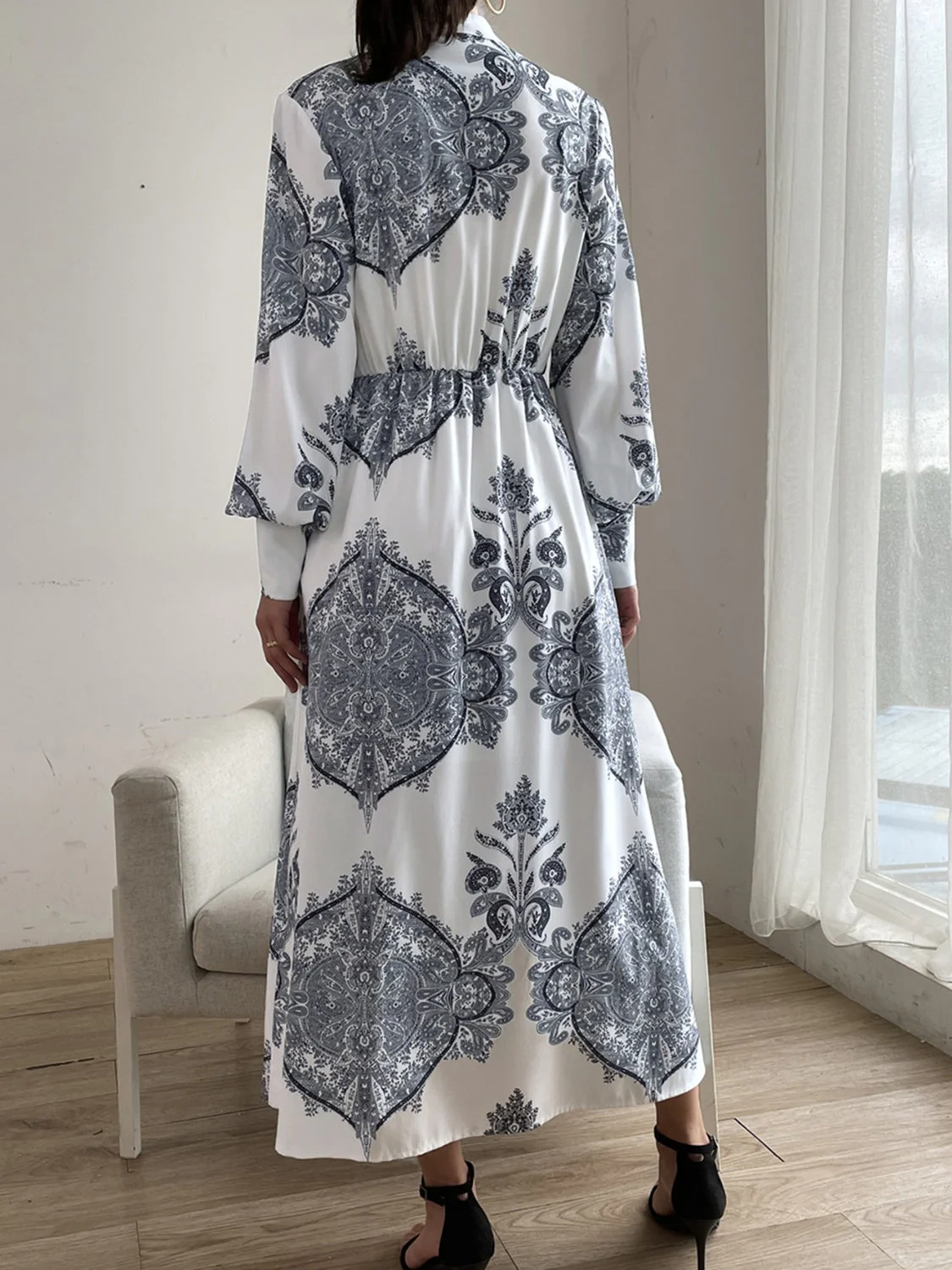 Printed Notched Lantern Sleeve Midi Dress - Image 2
