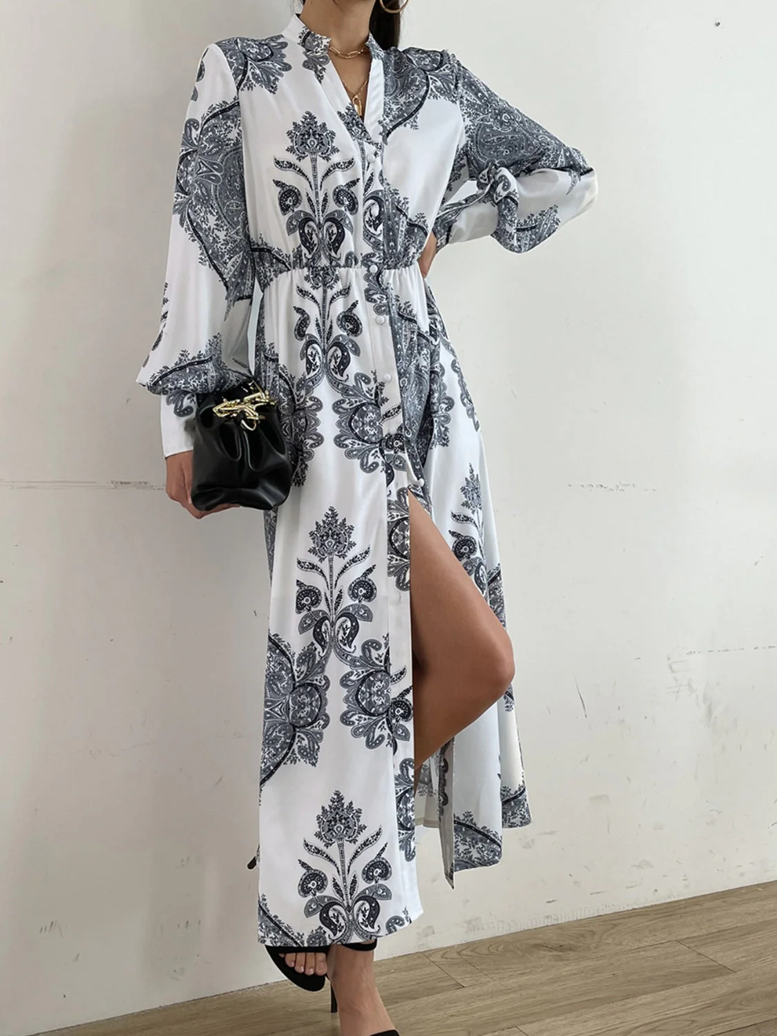 Printed Notched Lantern Sleeve Midi Dress - Image 3