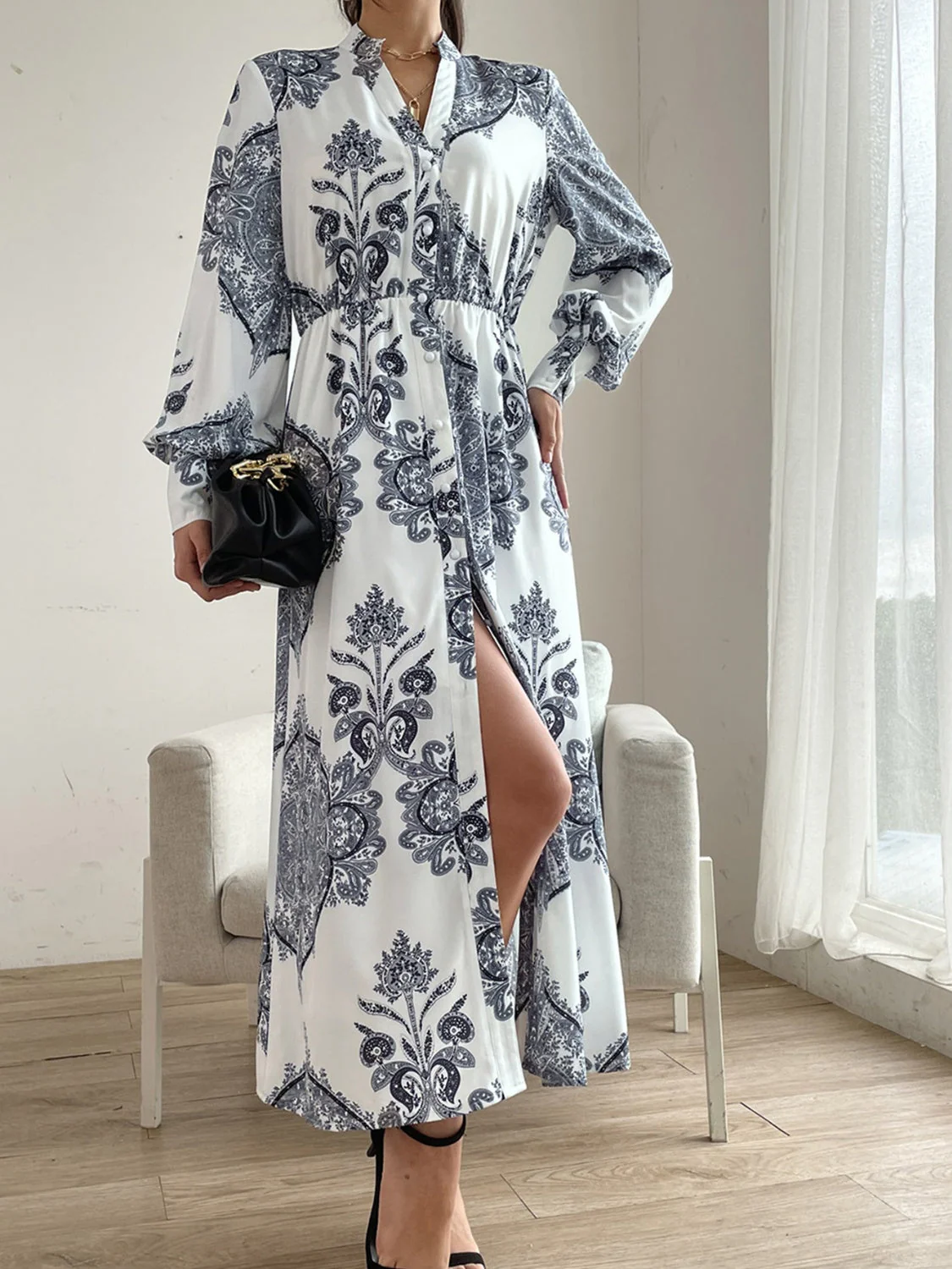 Printed Notched Lantern Sleeve Midi Dress - Image 4
