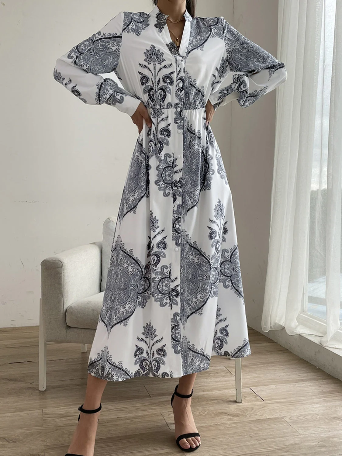 Printed Notched Lantern Sleeve Midi Dress - Image 6