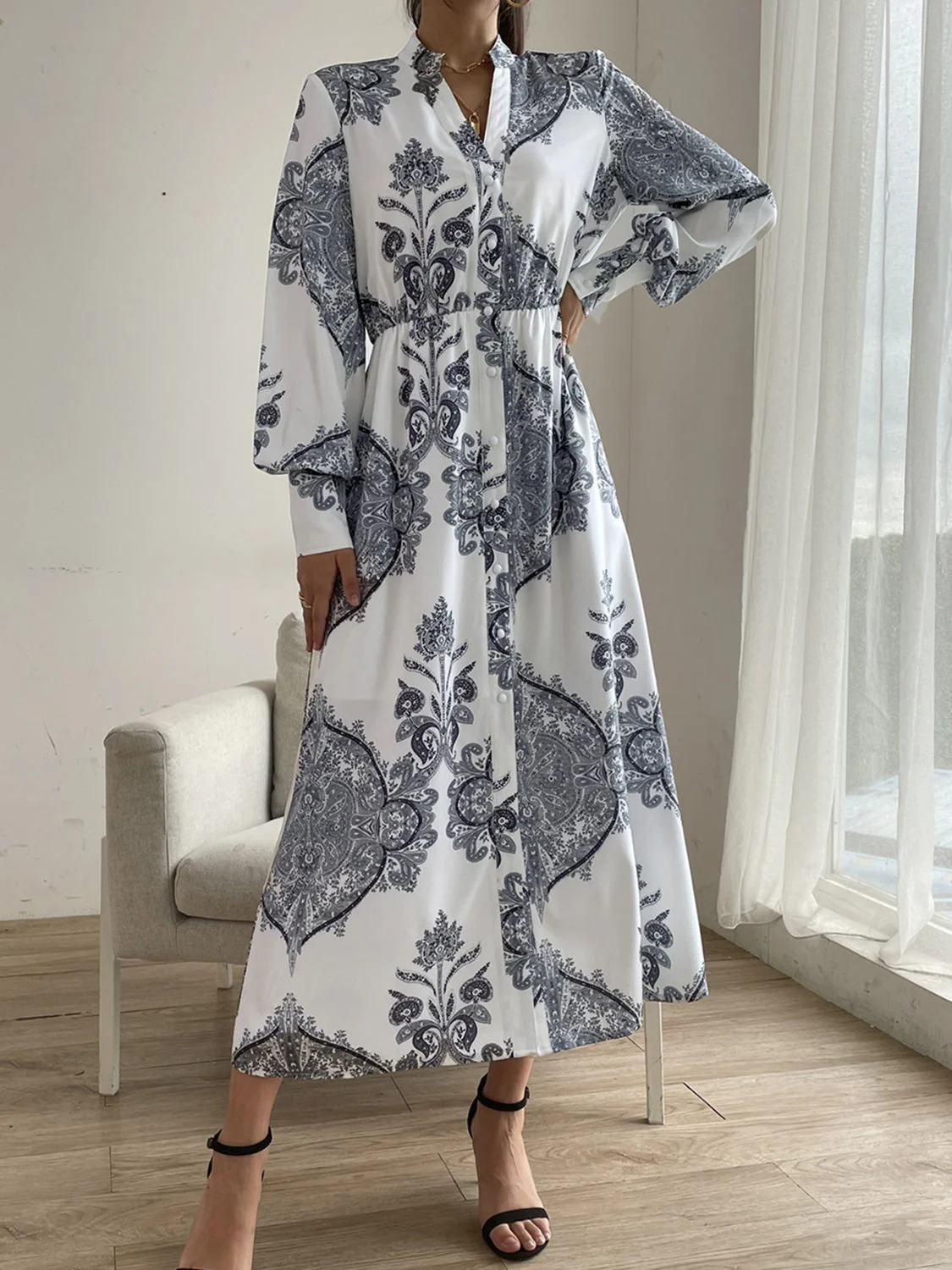Printed Notched Lantern Sleeve Midi Dress - Image 7