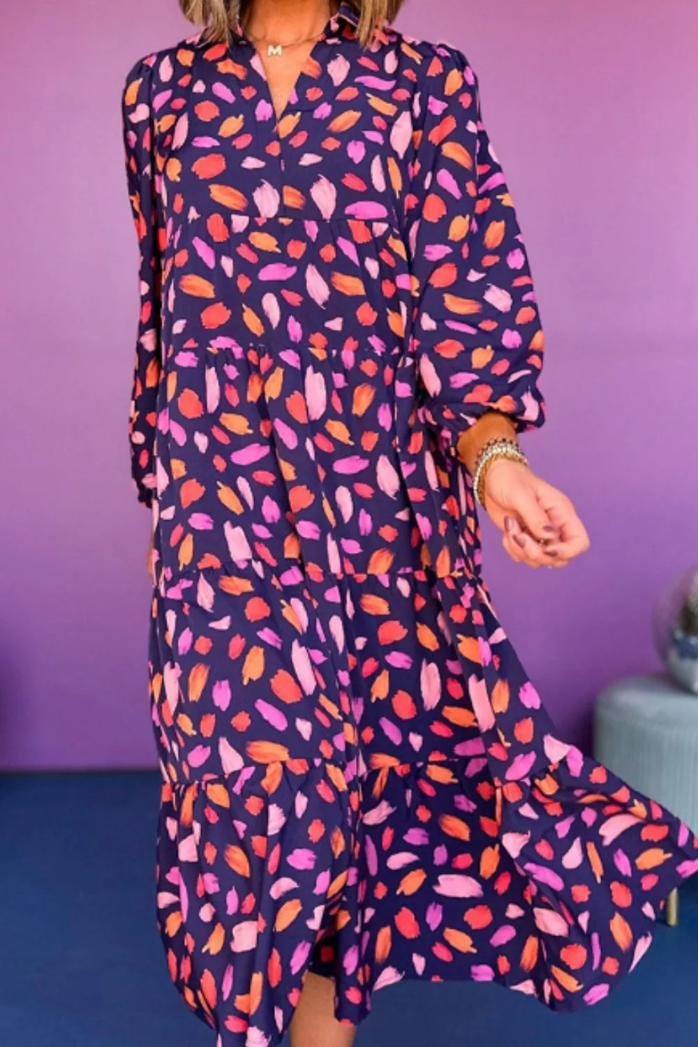 Printed Notched Long Sleeve Dress - Image 2