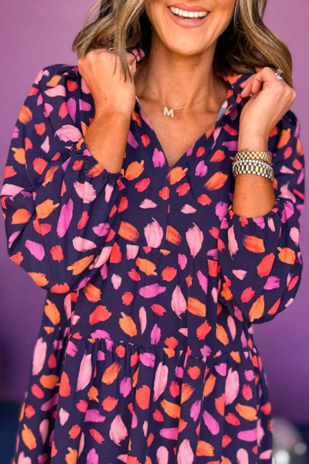 Printed Notched Long Sleeve Dress - Image 4