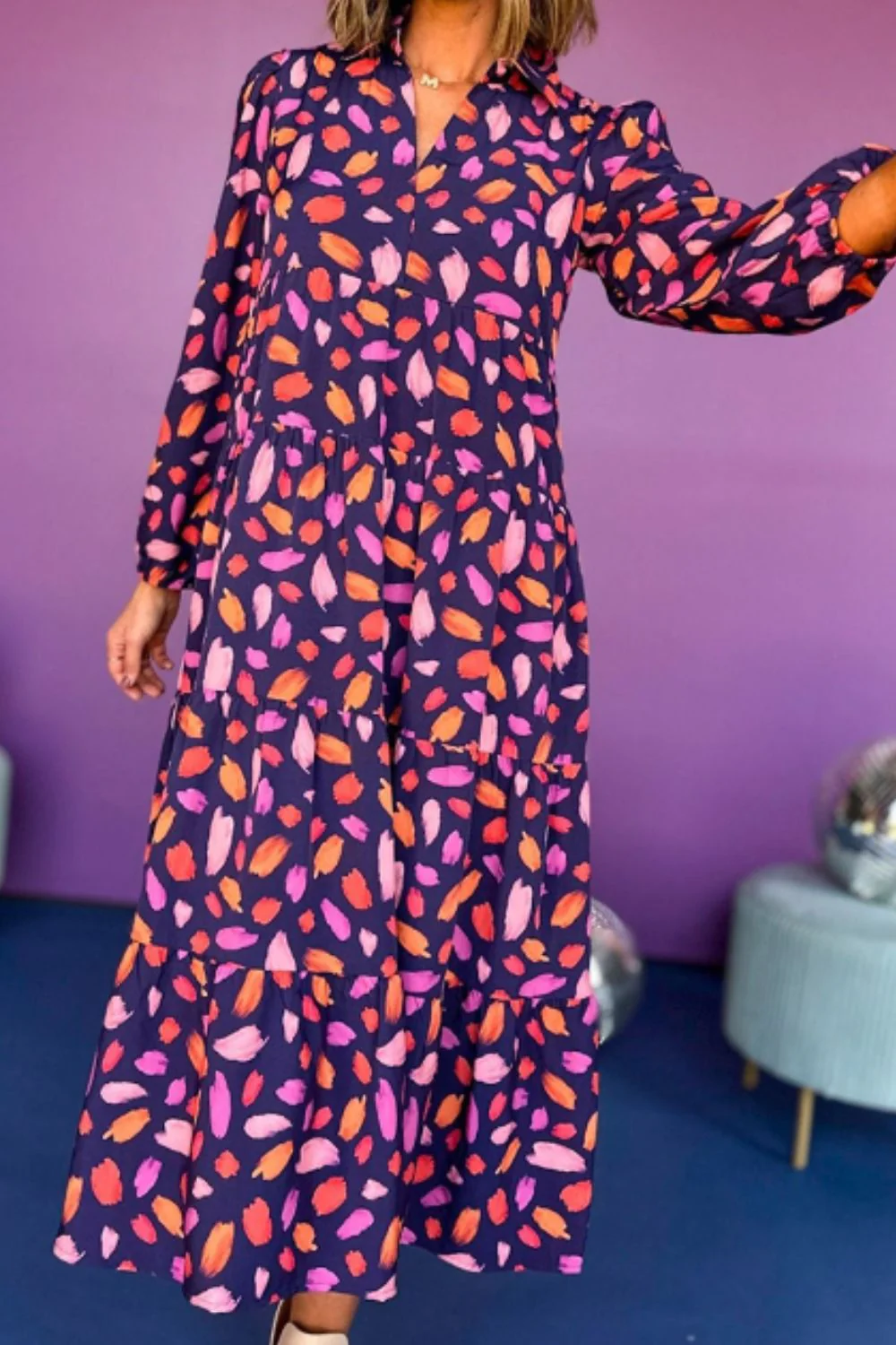Printed Notched Long Sleeve Dress - Image 5