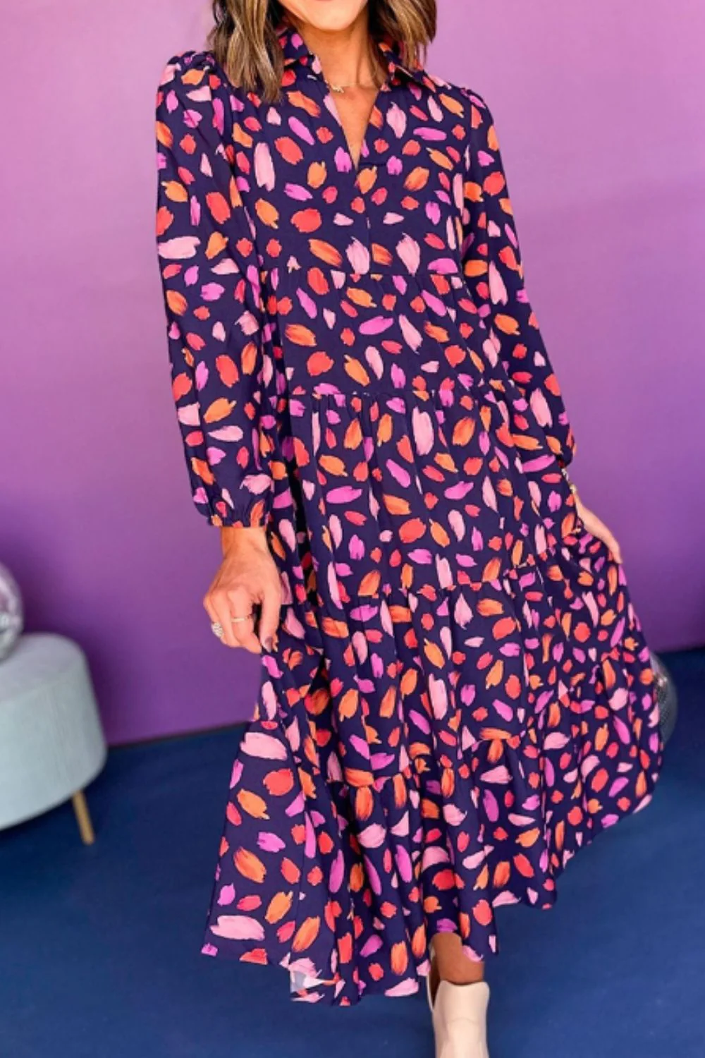 Printed Notched Long Sleeve Dress - Image 6