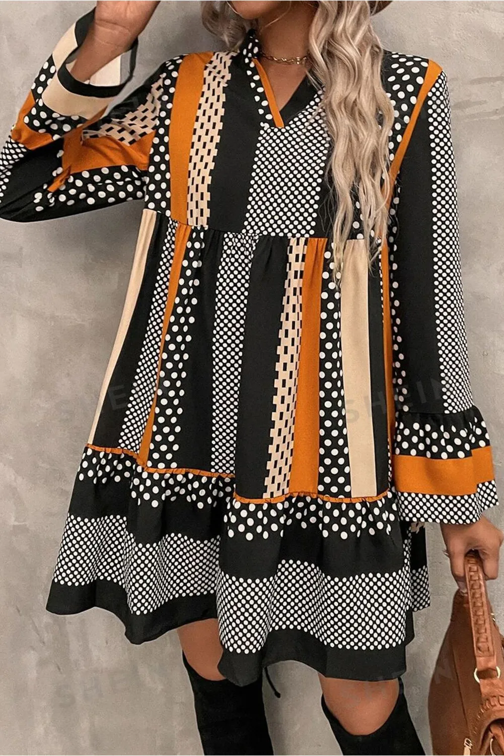 Printed Notched Long Sleeve Mini Dress - Image 2