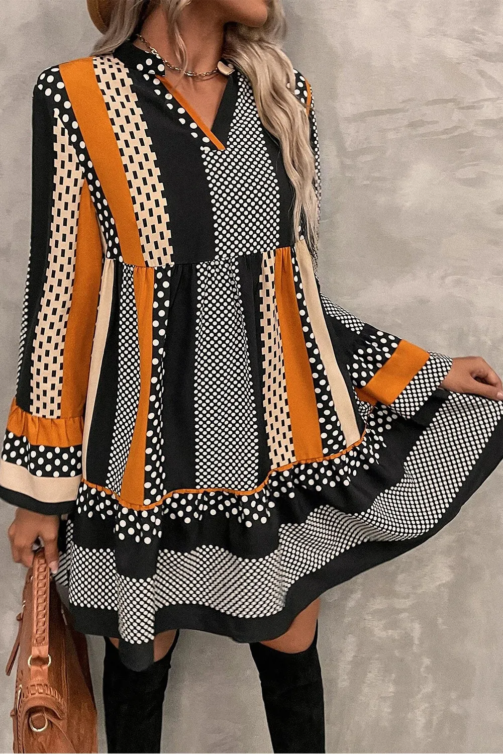 Printed Notched Long Sleeve Mini Dress - Image 3