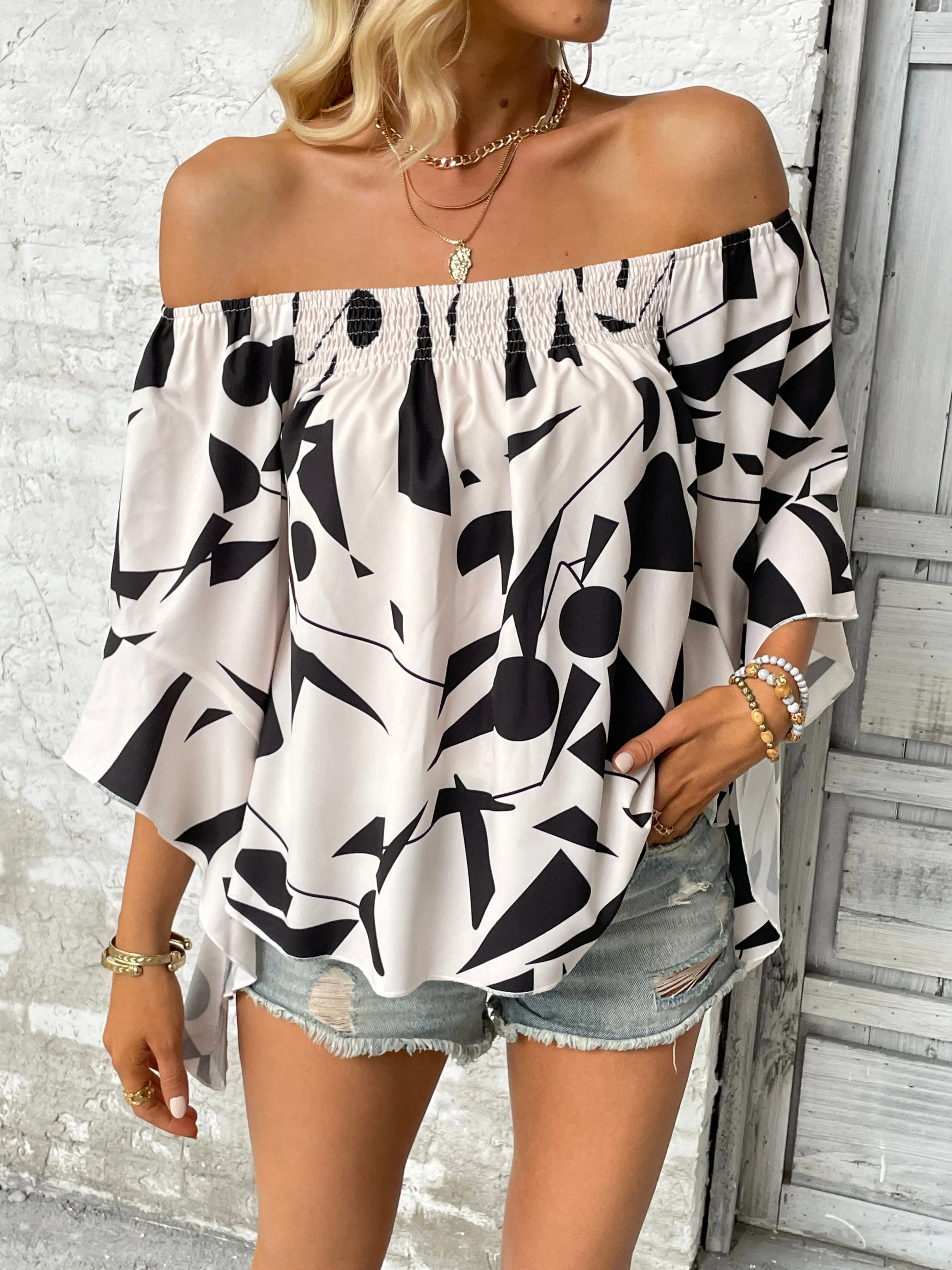 Printed Off-Shoulder Bell Sleeve Blouse - Image 10