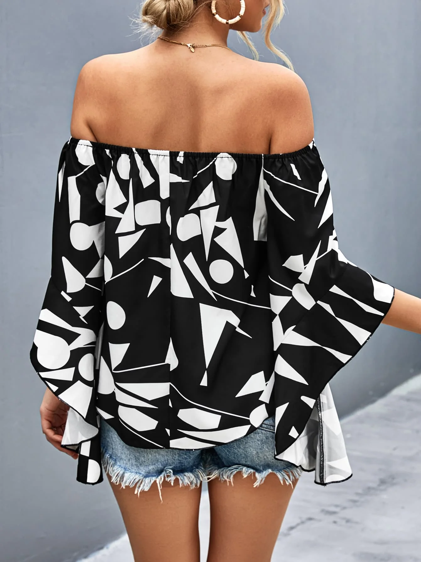 Printed Off-Shoulder Bell Sleeve Blouse - Image 2