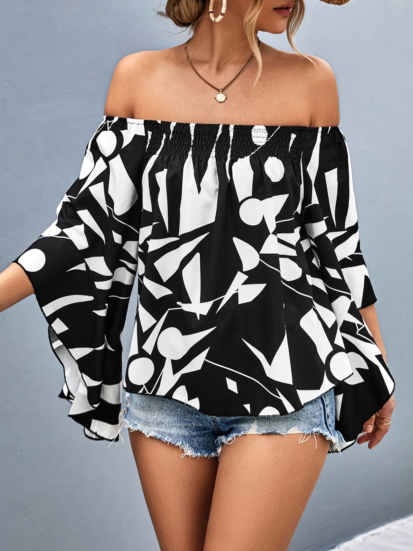 Printed Off-Shoulder Bell Sleeve Blouse - Image 3