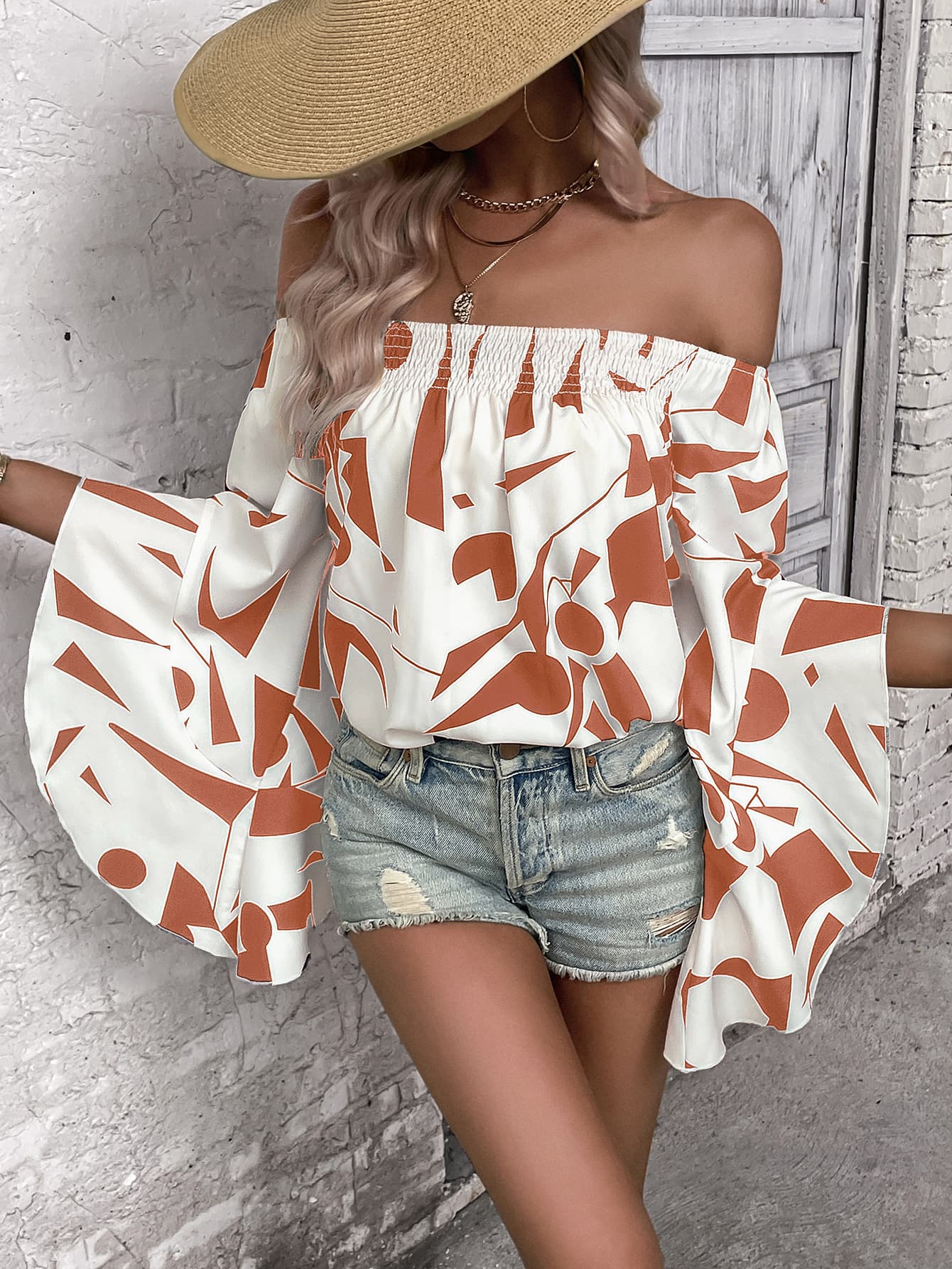 Printed Off-Shoulder Bell Sleeve Blouse - Image 4