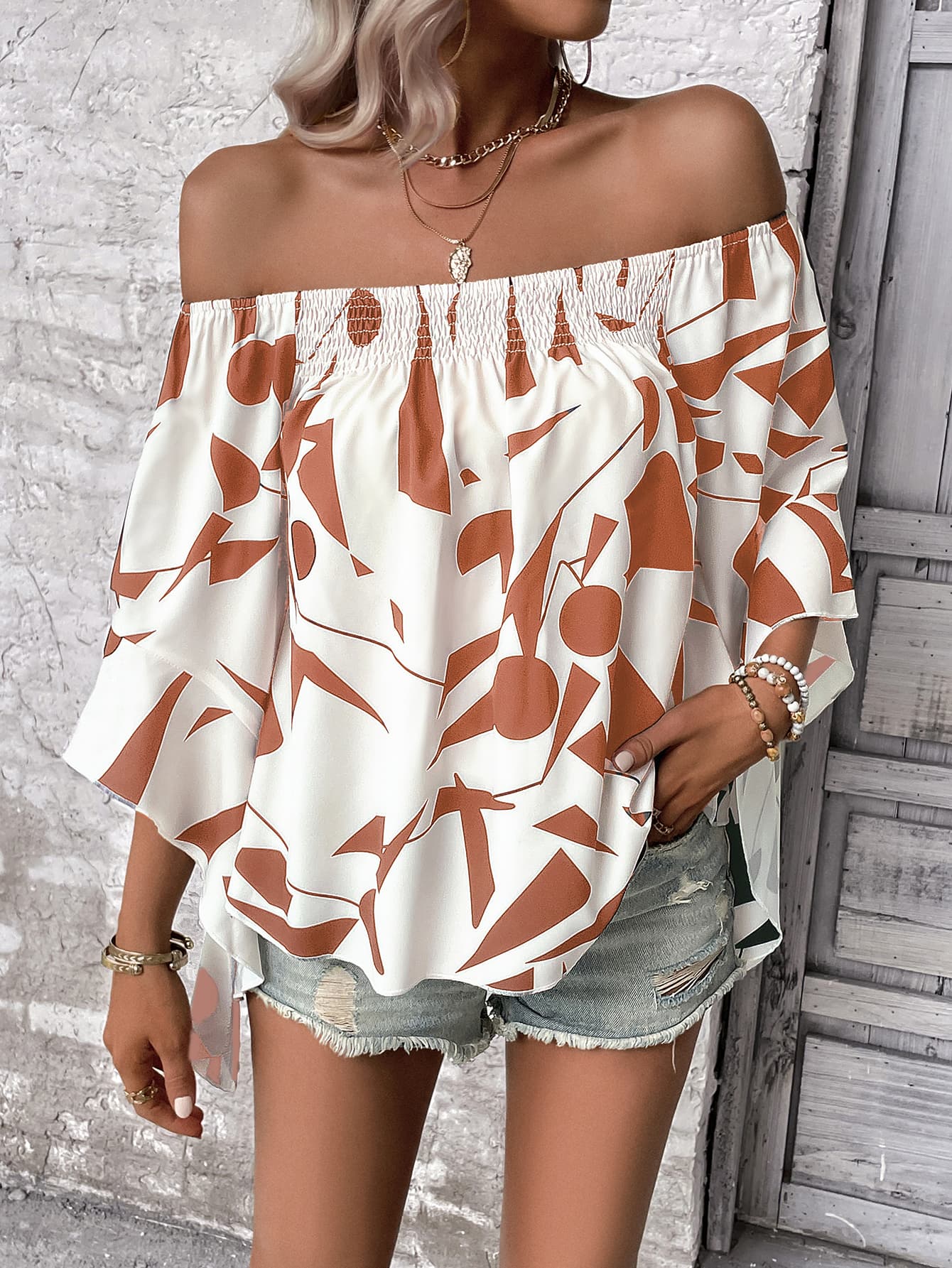 Printed Off-Shoulder Bell Sleeve Blouse - Image 5