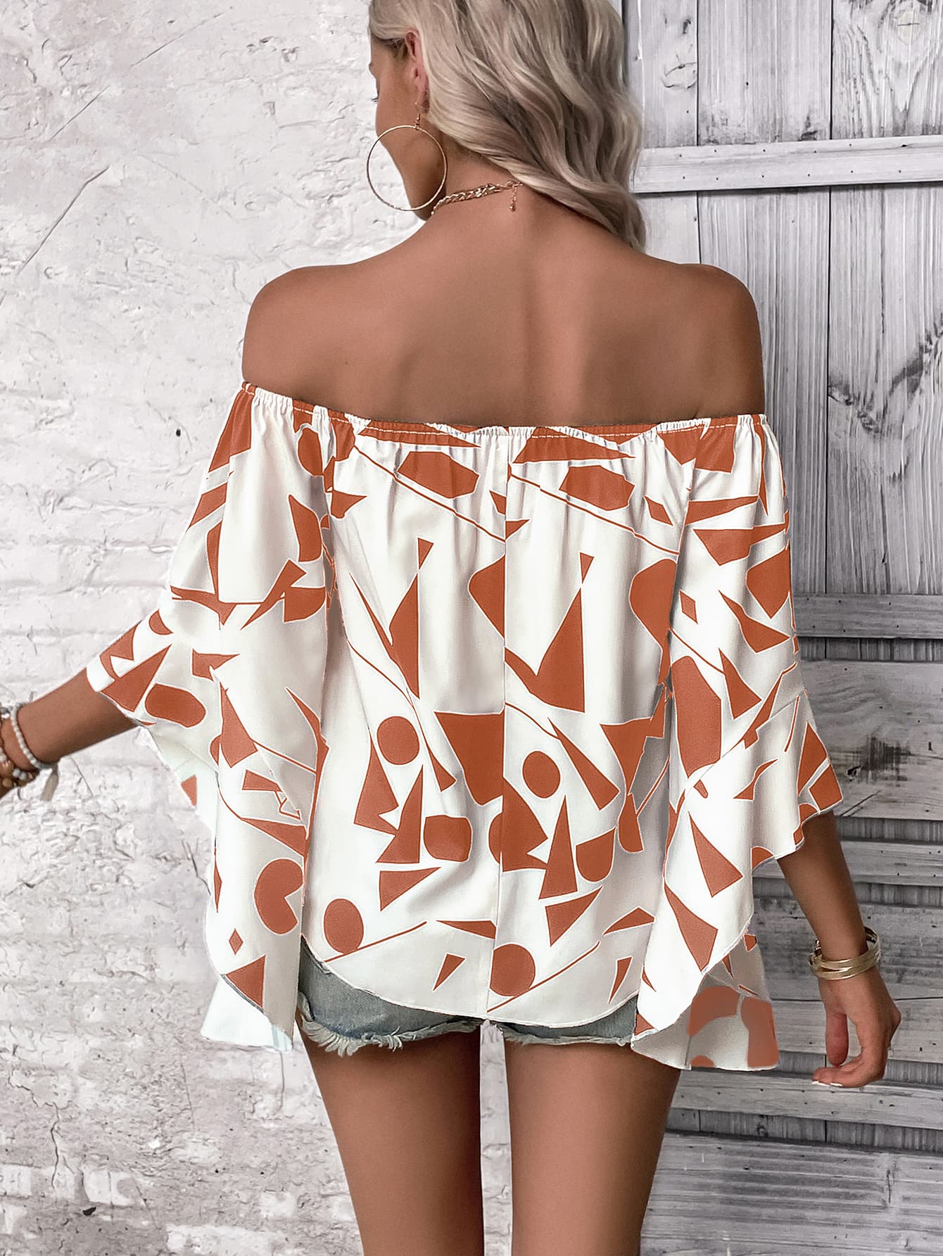 Printed Off-Shoulder Bell Sleeve Blouse - Image 6