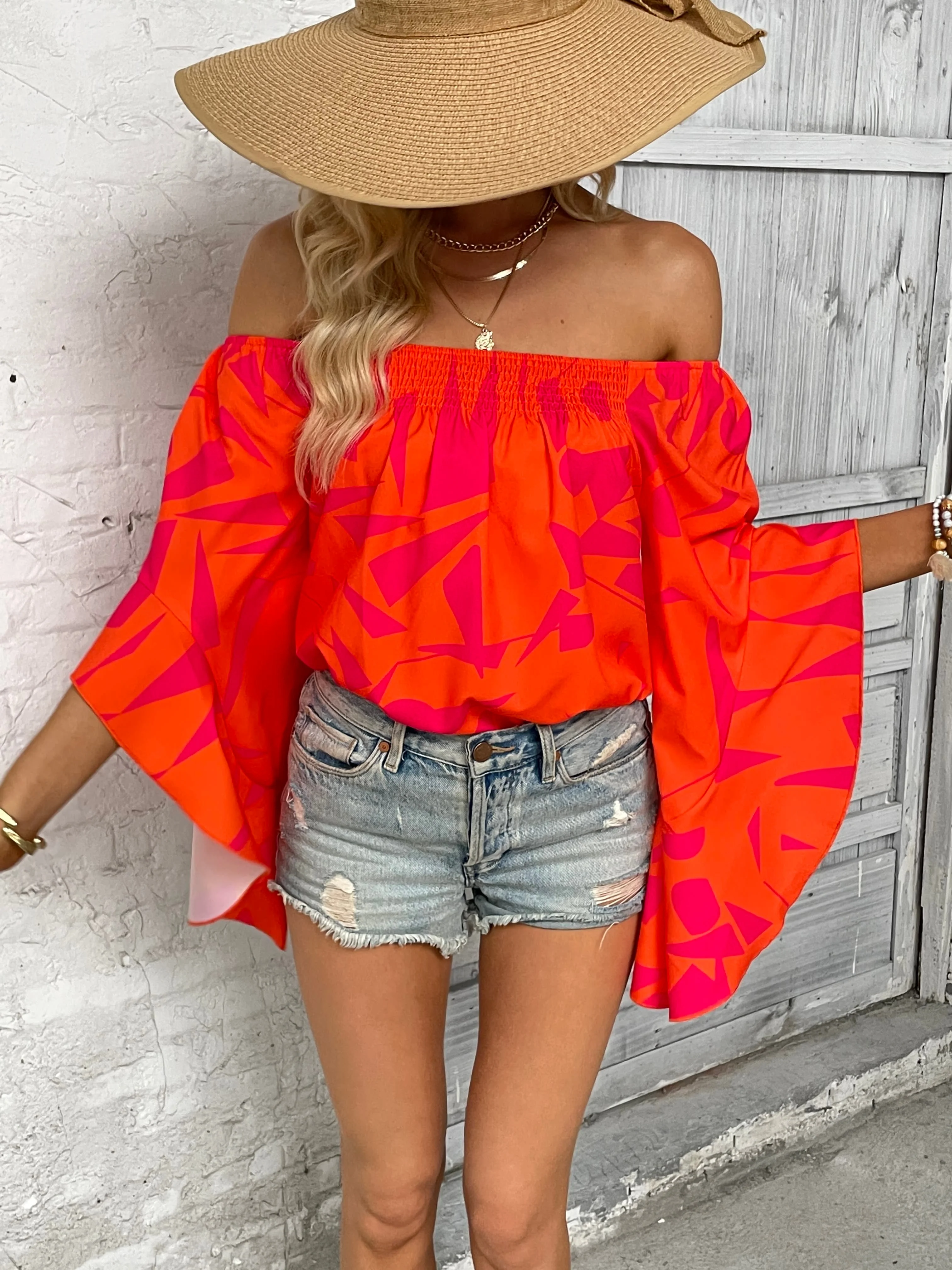 Printed Off-Shoulder Bell Sleeve Blouse - Image 7
