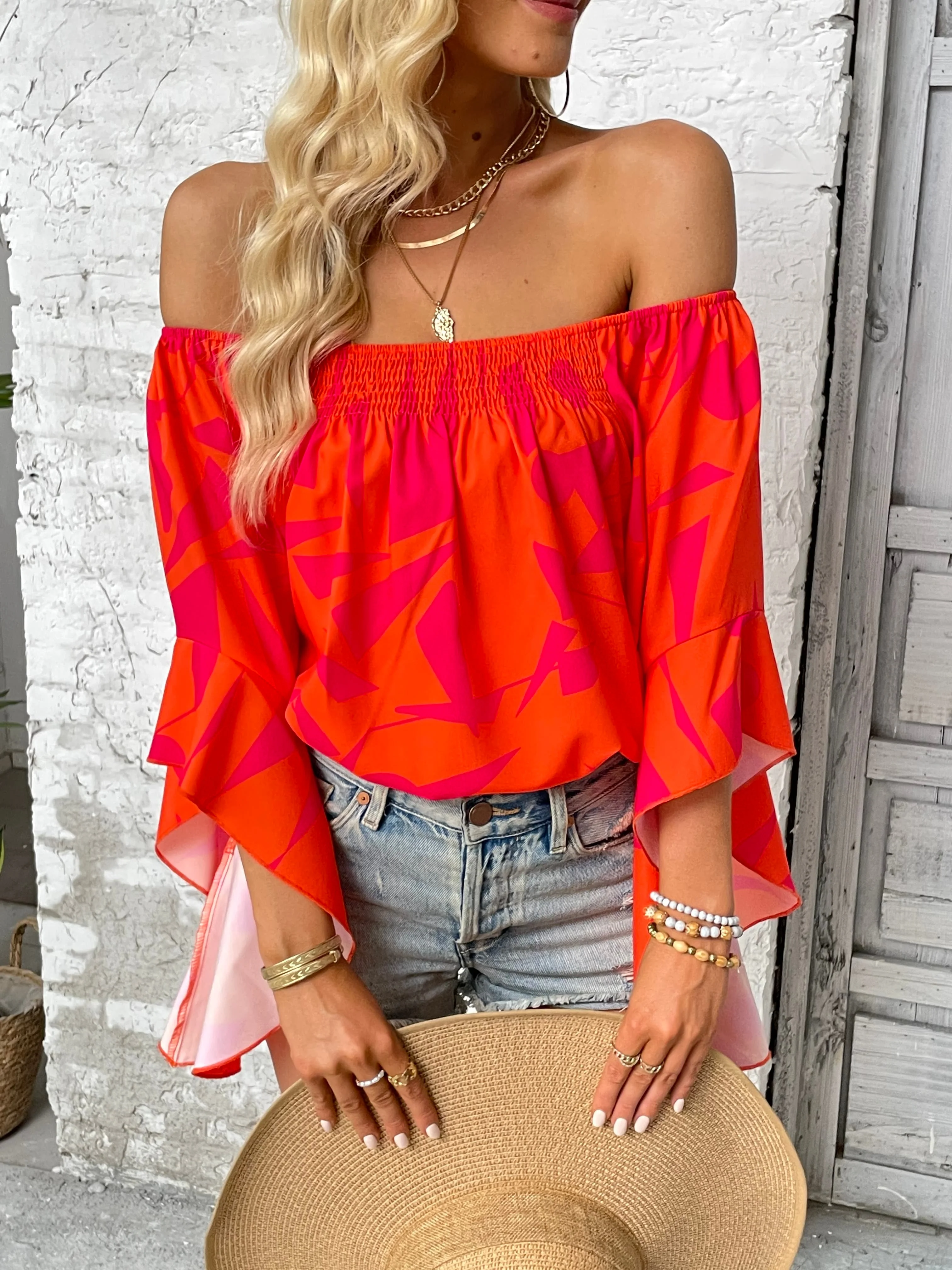 Printed Off-Shoulder Bell Sleeve Blouse - Image 8