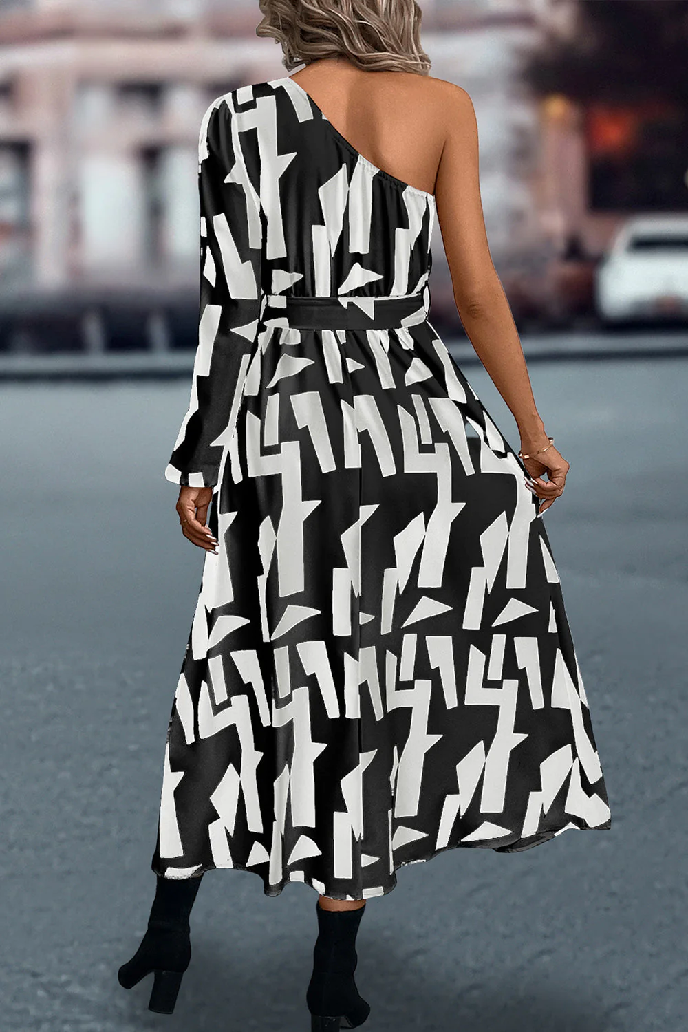 Printed One-Shoulder Tie Waist Dress - Image 12