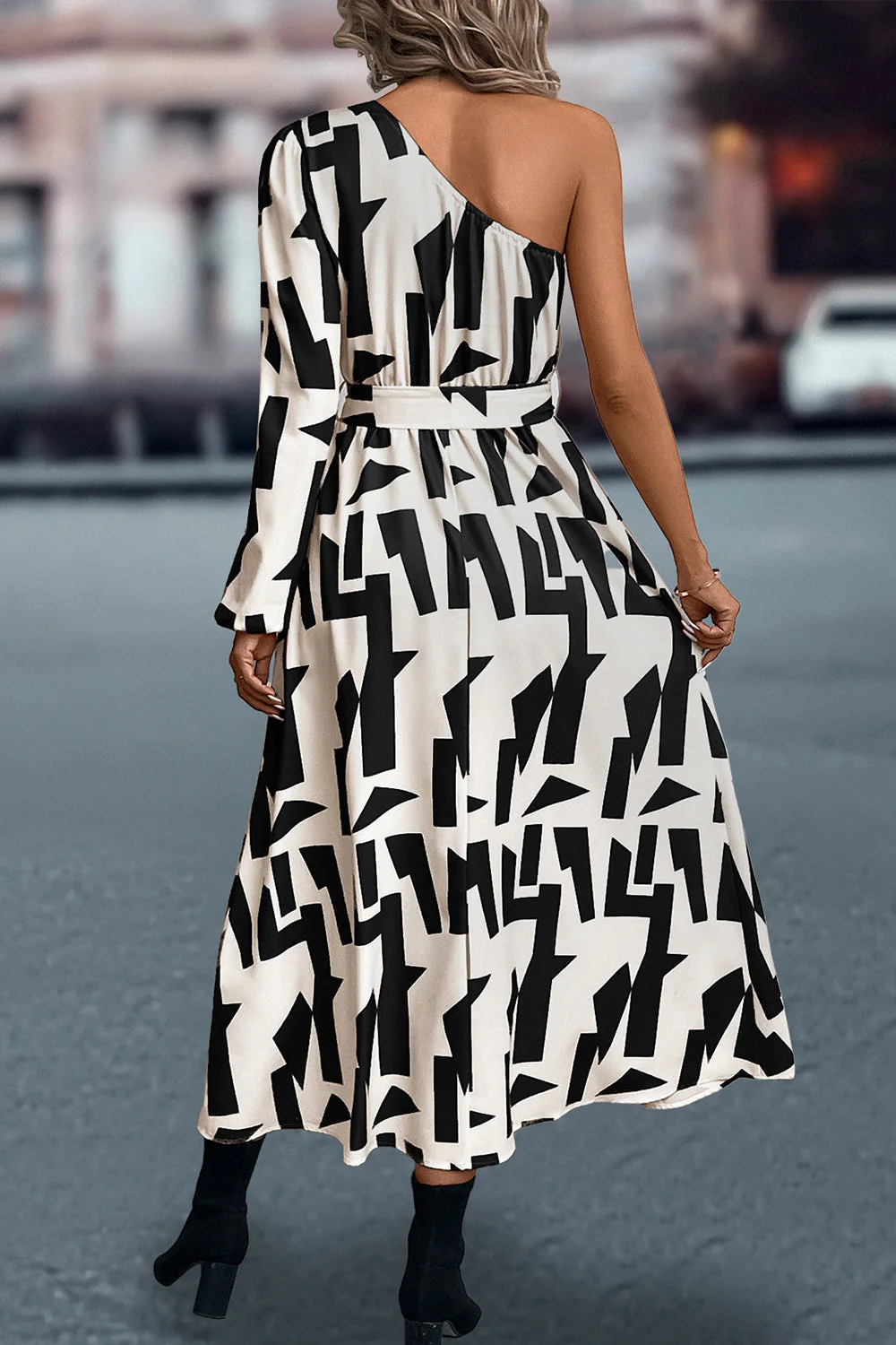 Printed One-Shoulder Tie Waist Dress - Image 2